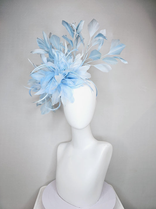 kentucky derby hat fascinator with light sky baby blue feather flower and light sky baby blue branching feathers