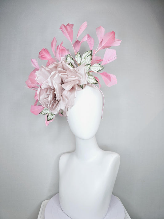 kentucky derby hat fascinator light dusty pink rose satin silk flower, white and green satin leaves and light baby pink branching feathers