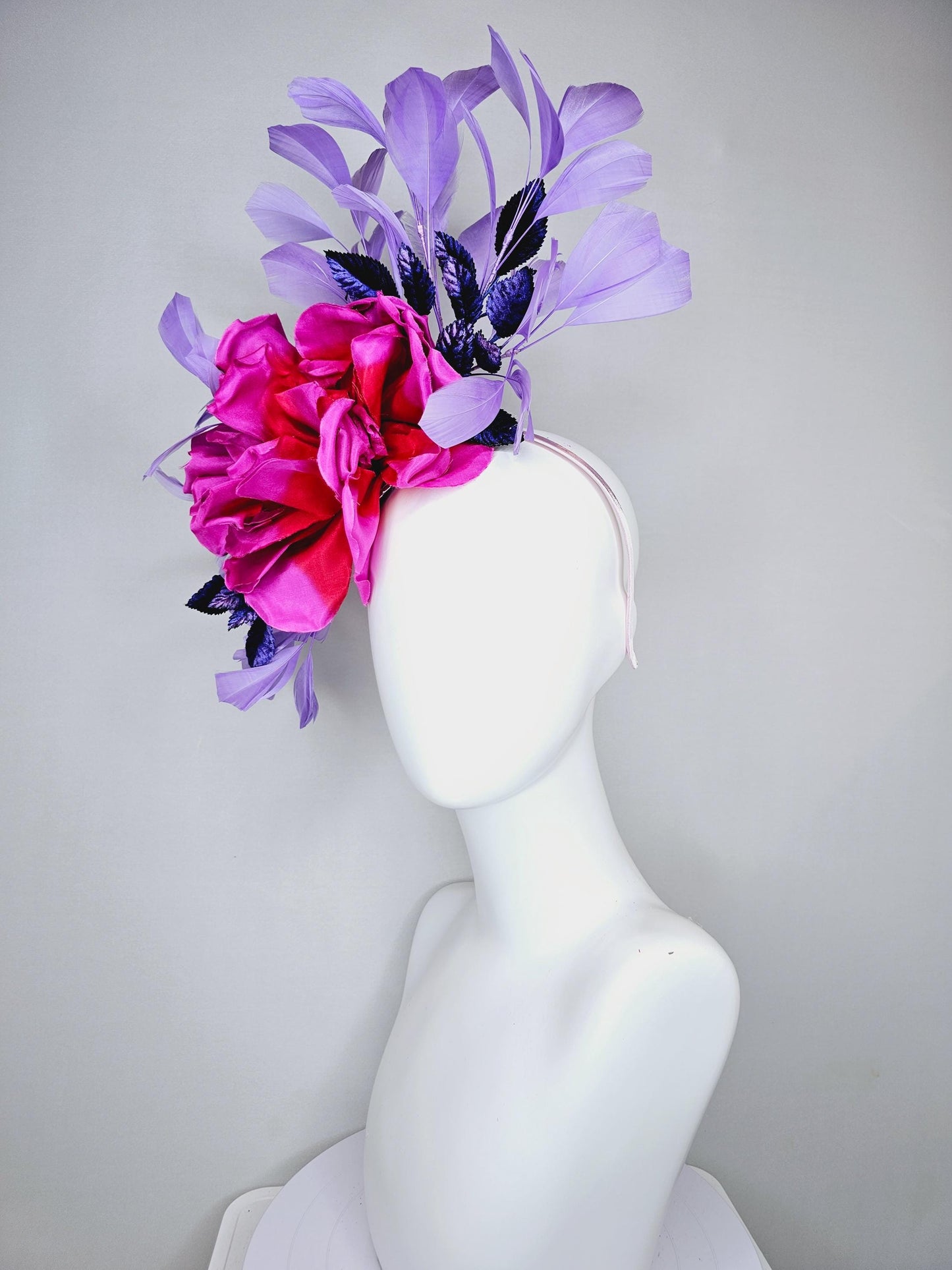 kentucky derby hat fascinator bright pink fuchsia red satin silk flower, purple violet satin leaves and purple lavender branching feathers