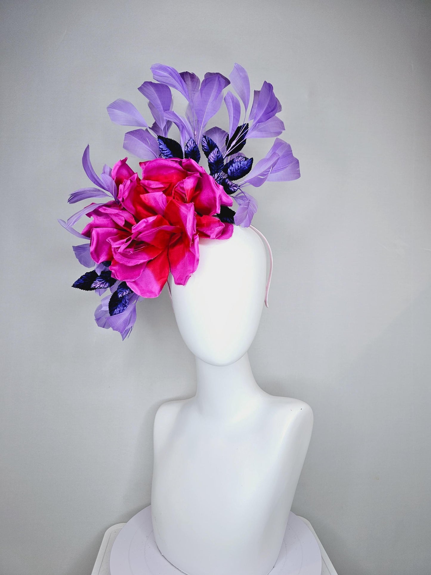 kentucky derby hat fascinator bright pink fuchsia red satin silk flower, purple violet satin leaves and purple lavender branching feathers