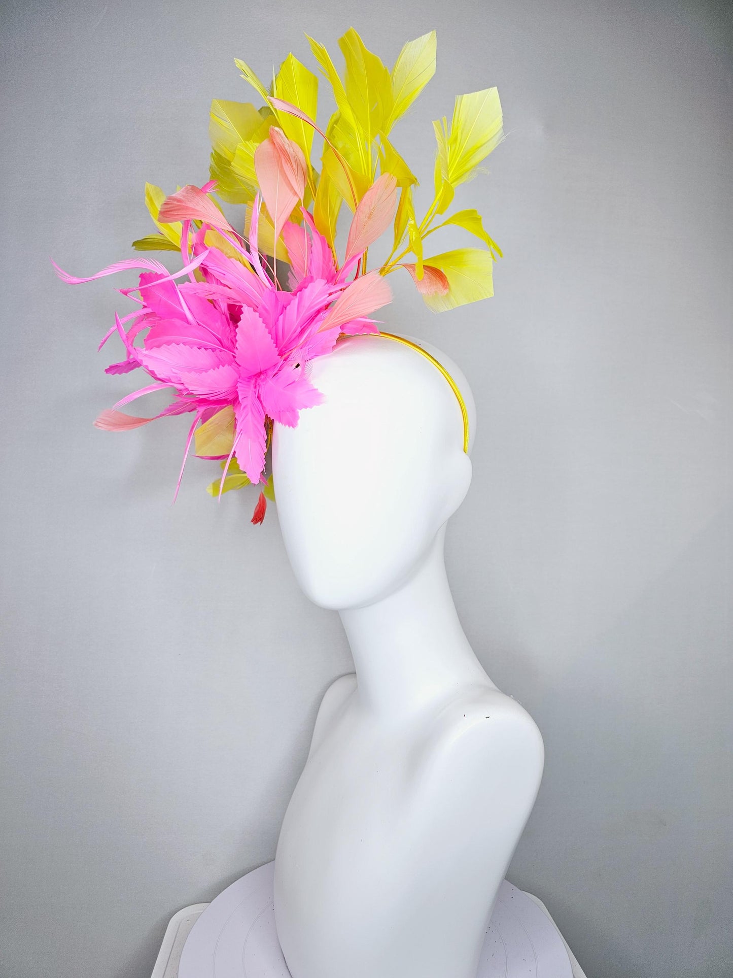 kentucky derby hat fascinator blush pink rose feather flower with yellow and light coral peach branching feathers, thin headband