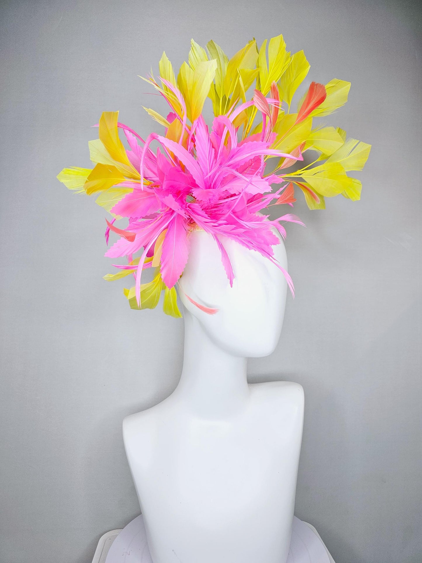 kentucky derby hat fascinator blush pink rose feather flower with yellow and light coral peach branching feathers, thin headband