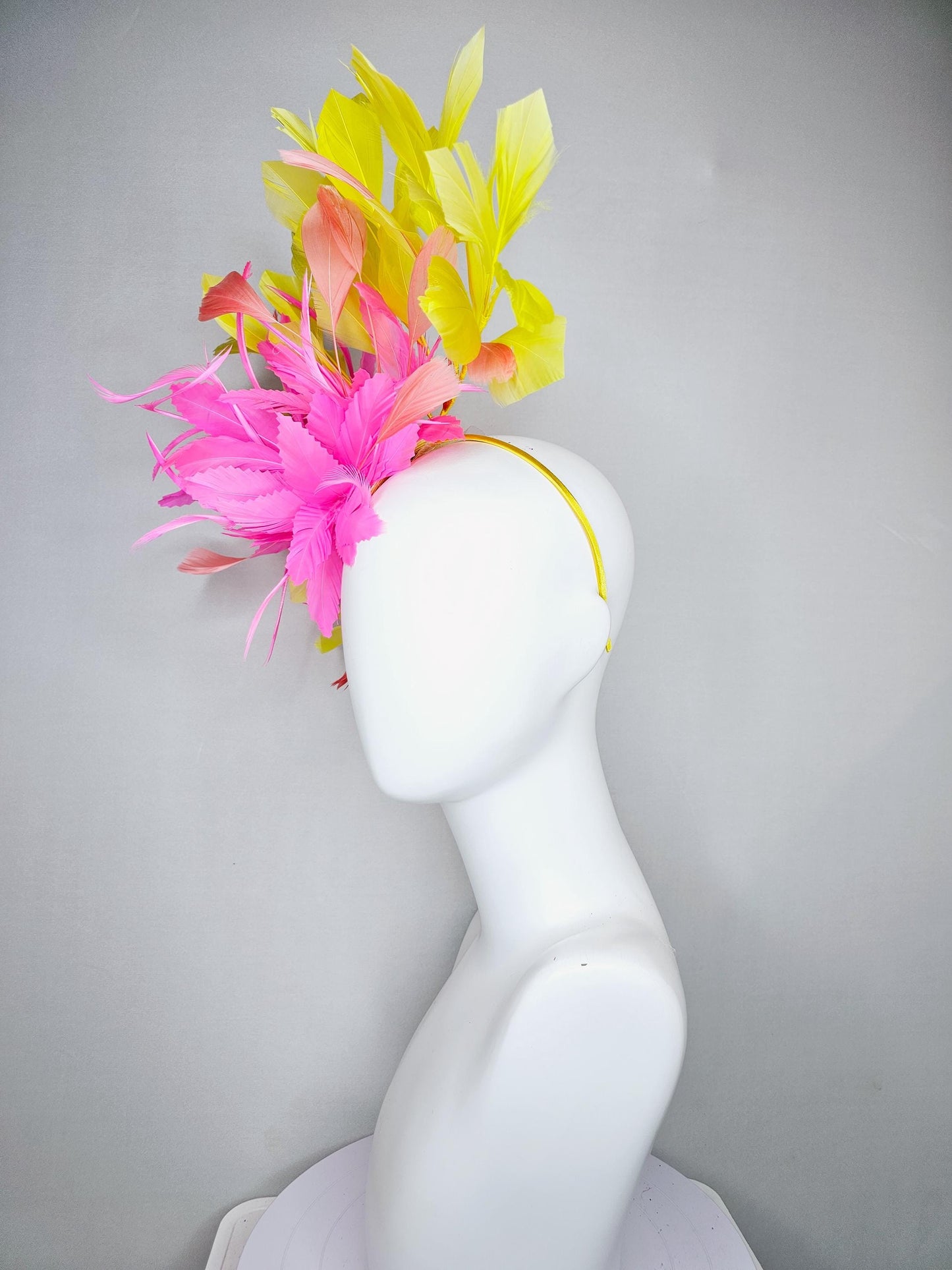 kentucky derby hat fascinator blush pink rose feather flower with yellow and light coral peach branching feathers, thin headband