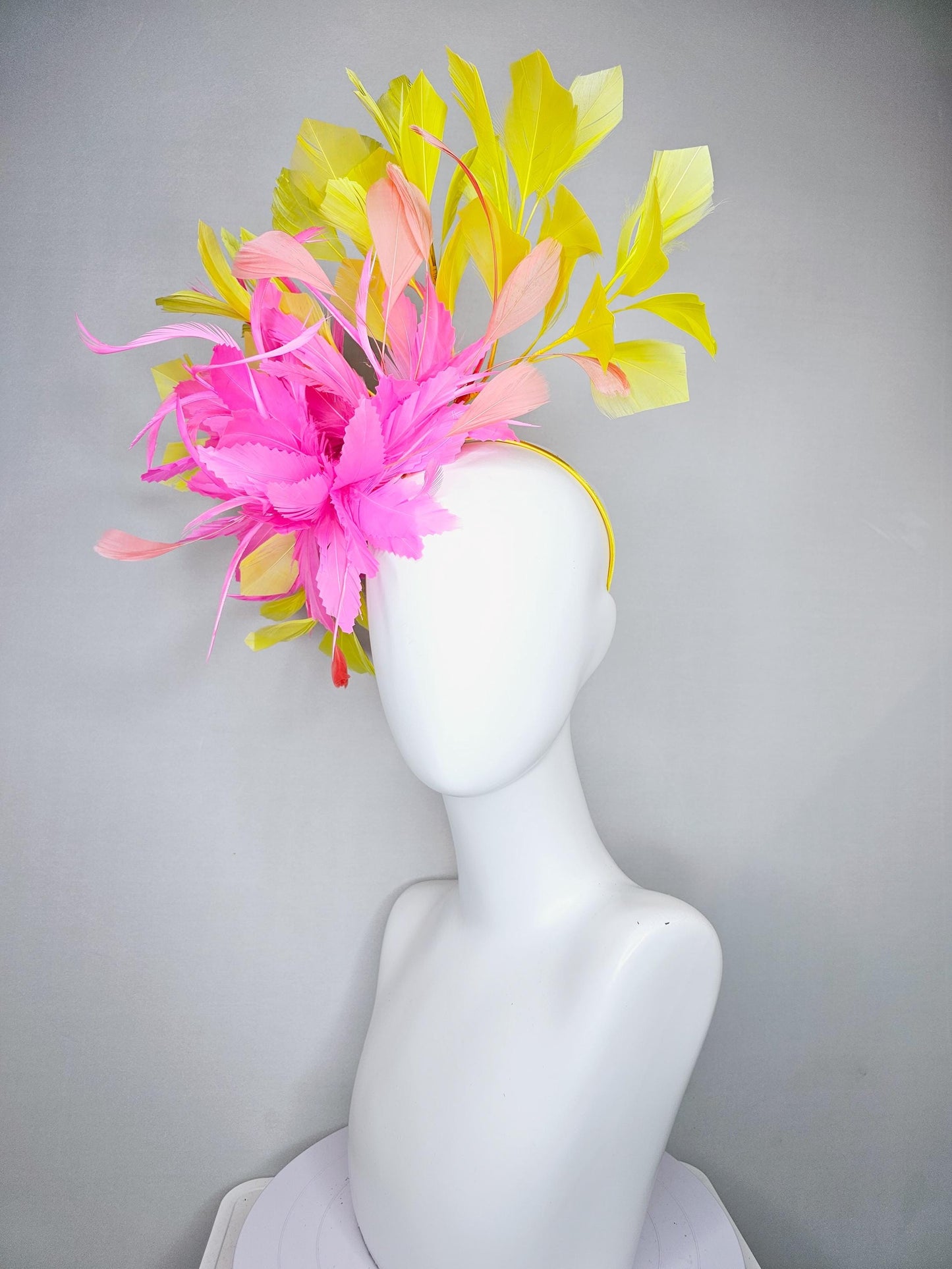 kentucky derby hat fascinator blush pink rose feather flower with yellow and light coral peach branching feathers, thin headband