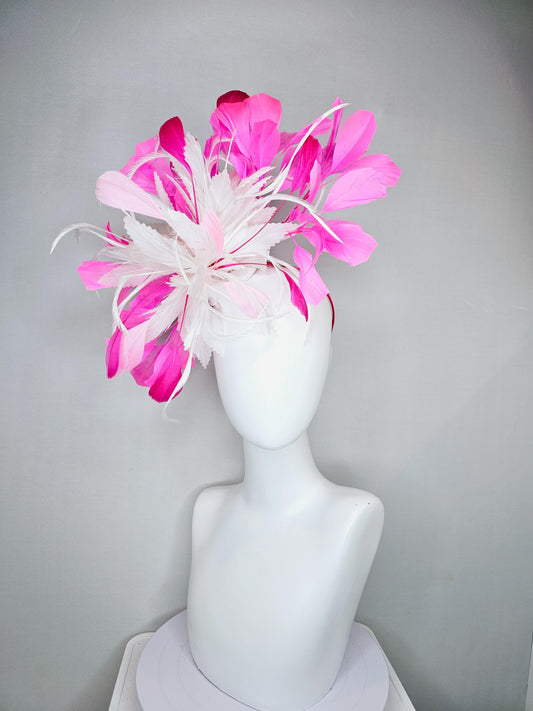 kentucky derby hat fascinator white feather flower with pink fuchsia and light pink branching feathers, thin headband