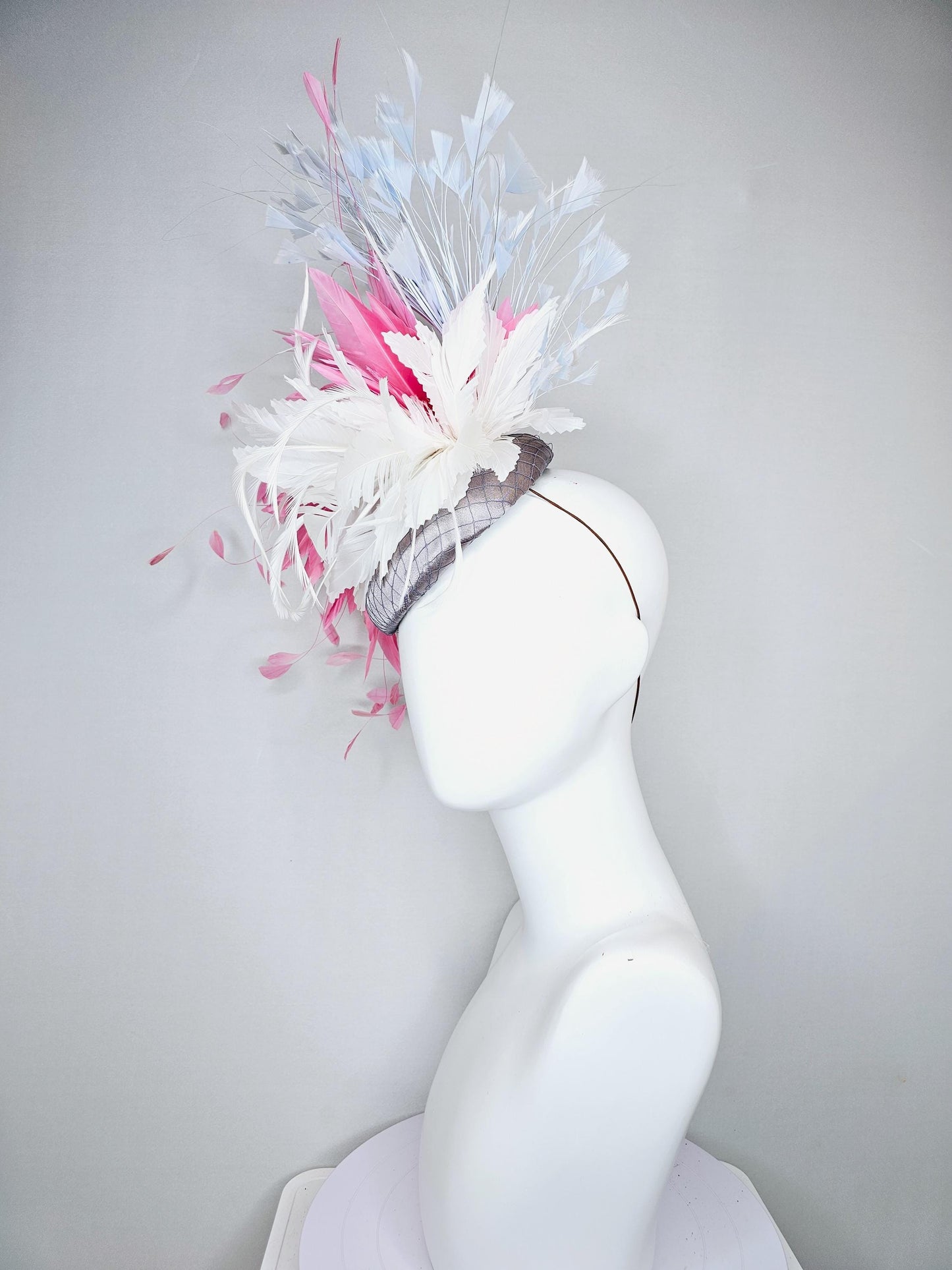 kentucky derby hat fascinator gray silver satin with netting,white feather flower,rose pink feather leaves,sky light blue branching feathers