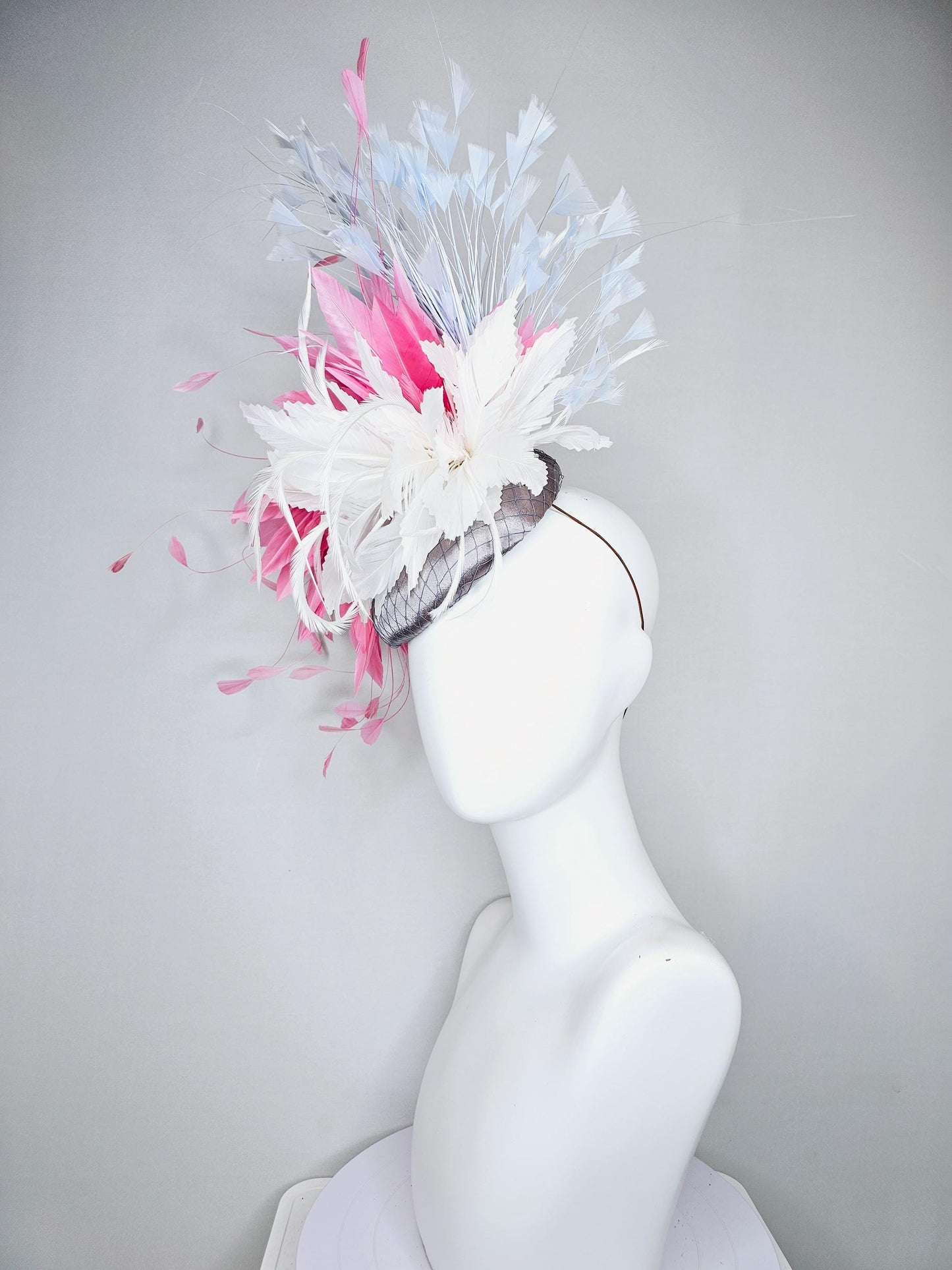 kentucky derby hat fascinator gray silver satin with netting,white feather flower,rose pink feather leaves,sky light blue branching feathers