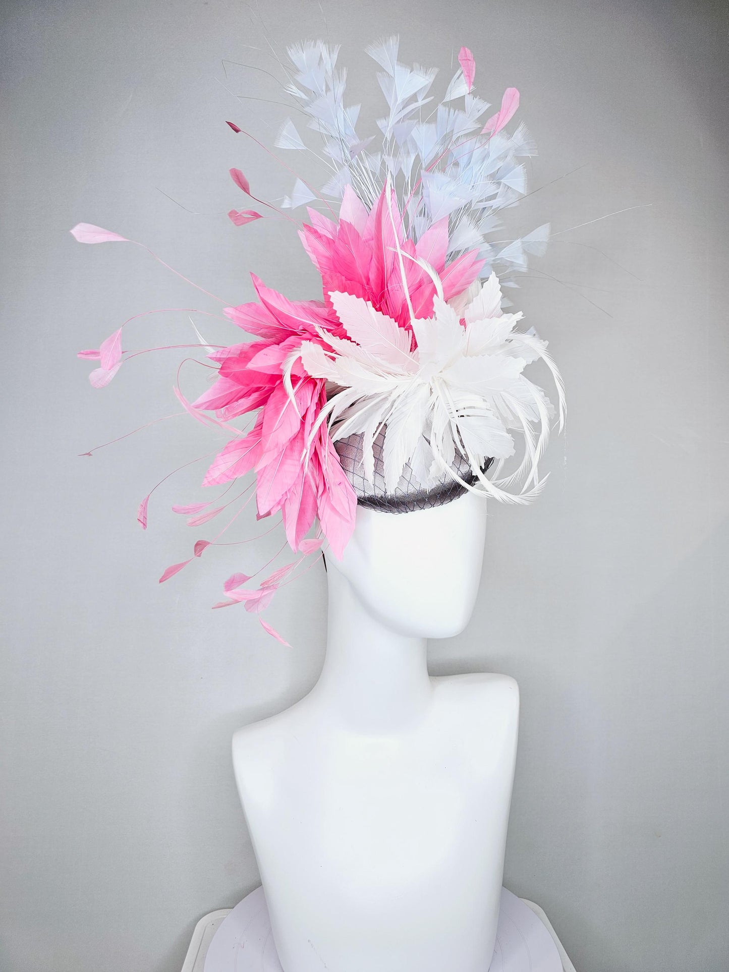 kentucky derby hat fascinator gray silver satin with netting,white feather flower,rose pink feather leaves,sky light blue branching feathers