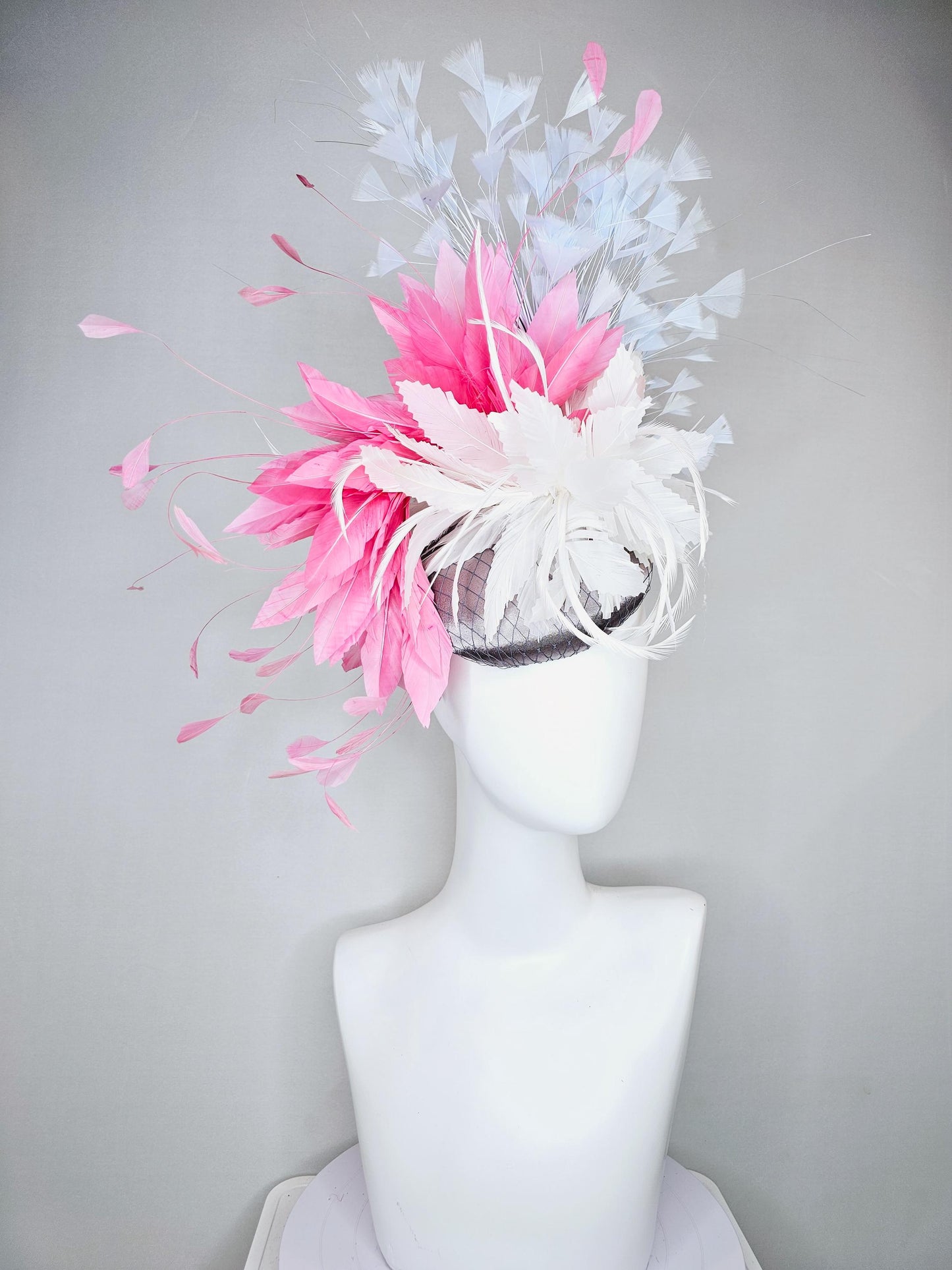 kentucky derby hat fascinator gray silver satin with netting,white feather flower,rose pink feather leaves,sky light blue branching feathers