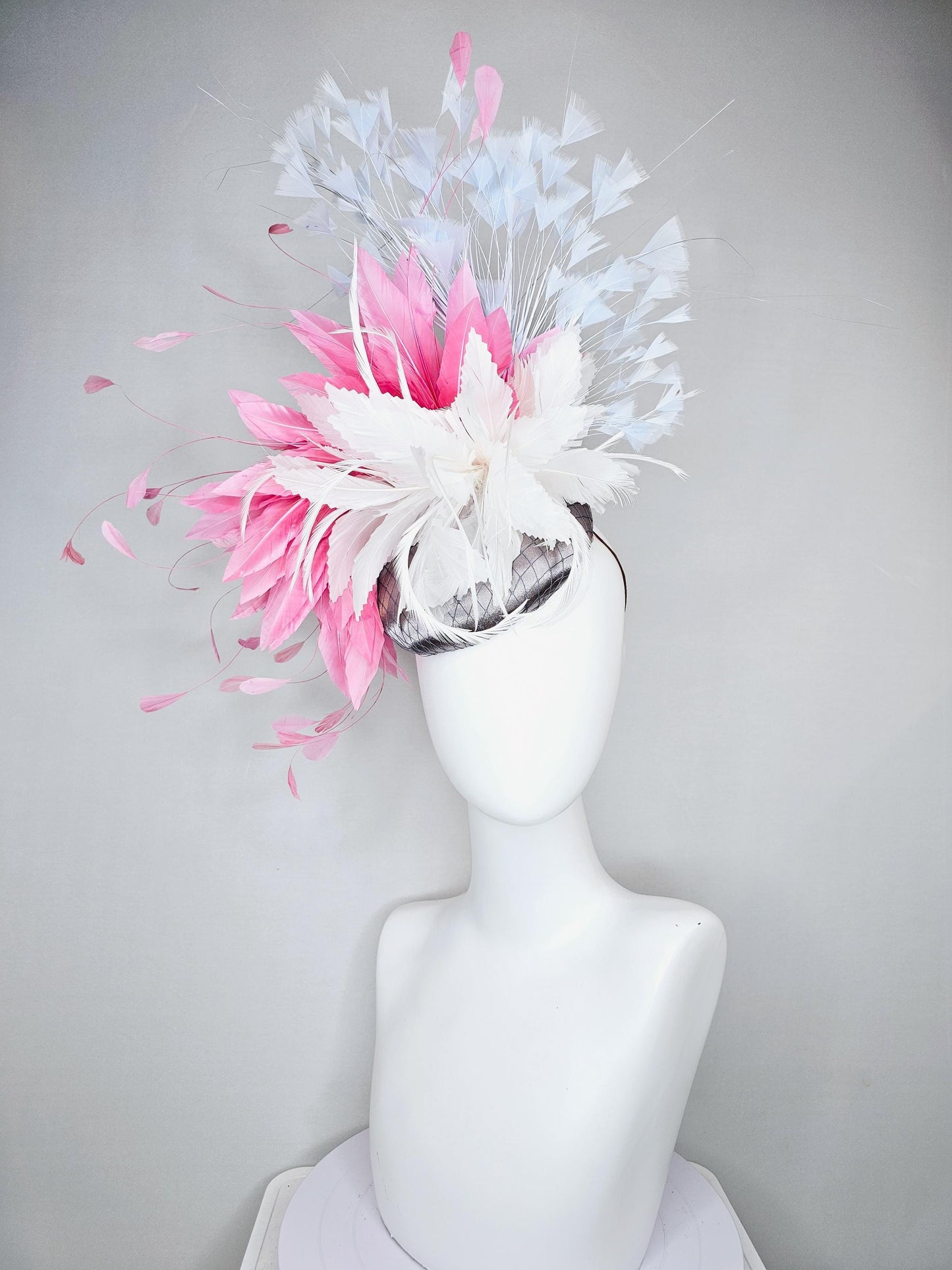 kentucky derby hat fascinator gray silver satin with netting,white feather flower,rose pink feather leaves,sky light blue branching feathers