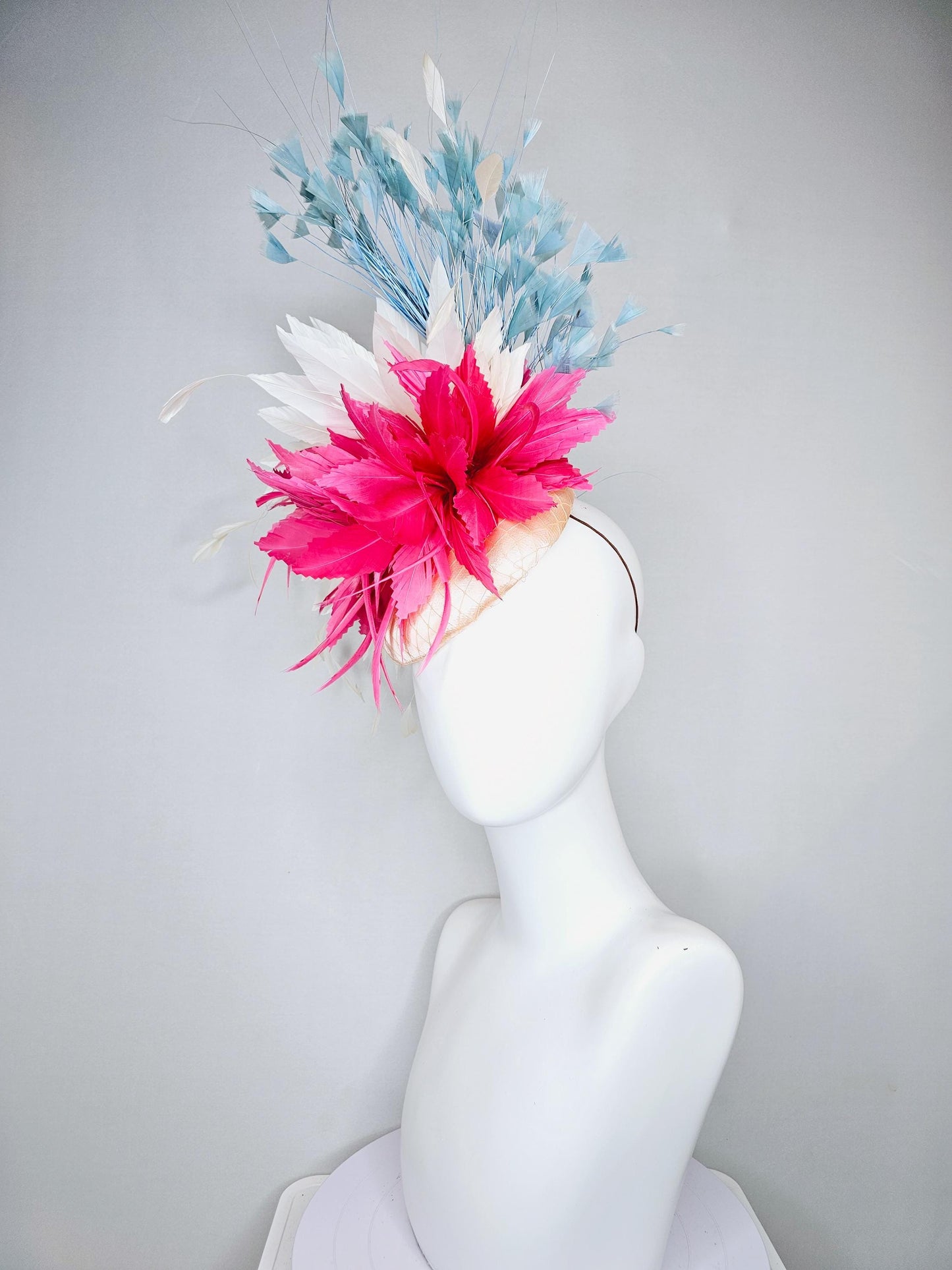 kentucky derby hat fascinator champagne satin with netting,bright pink and white ivory feather flower, light teal blue branching feathers