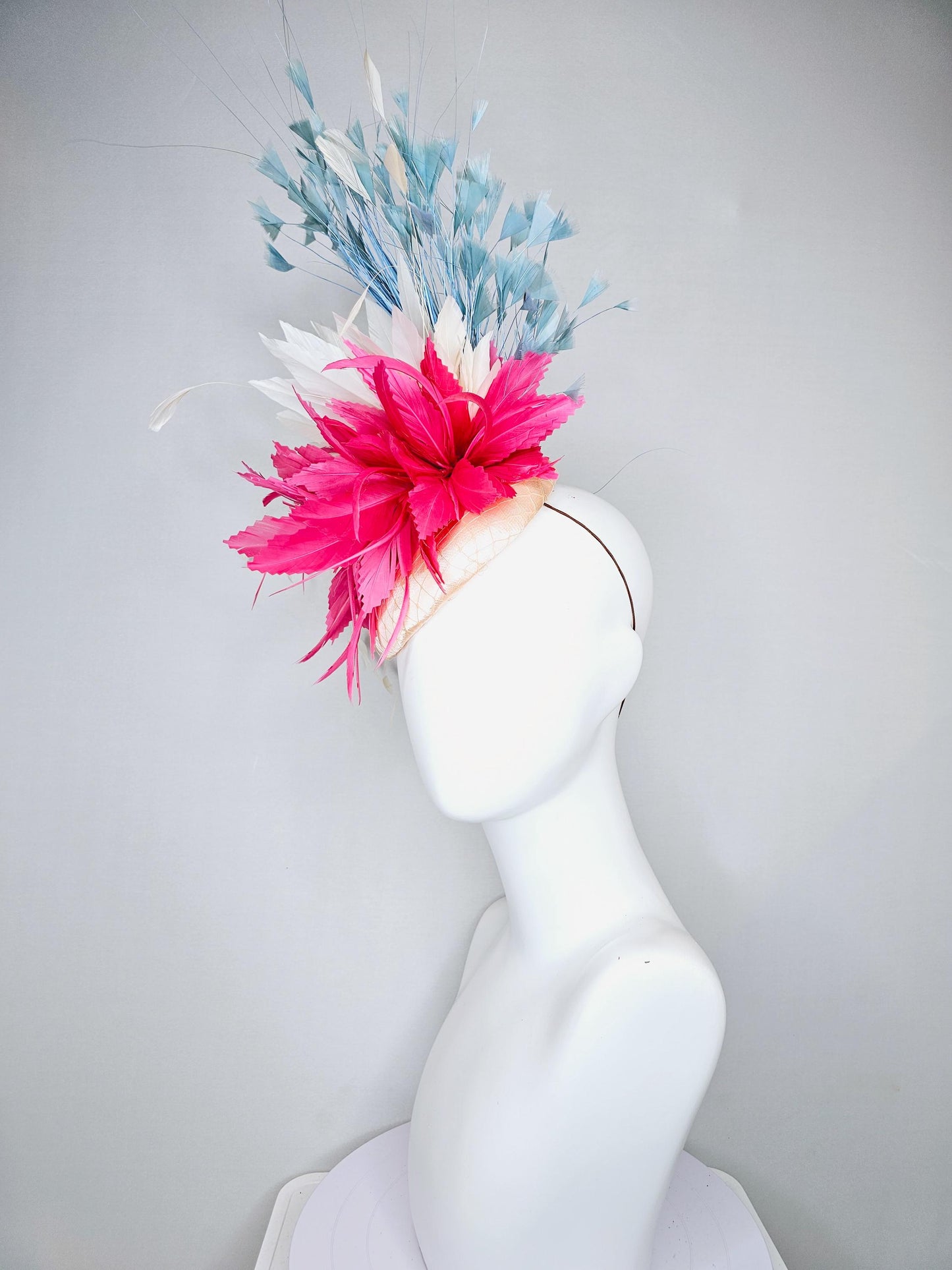 kentucky derby hat fascinator champagne satin with netting,bright pink and white ivory feather flower, light teal blue branching feathers