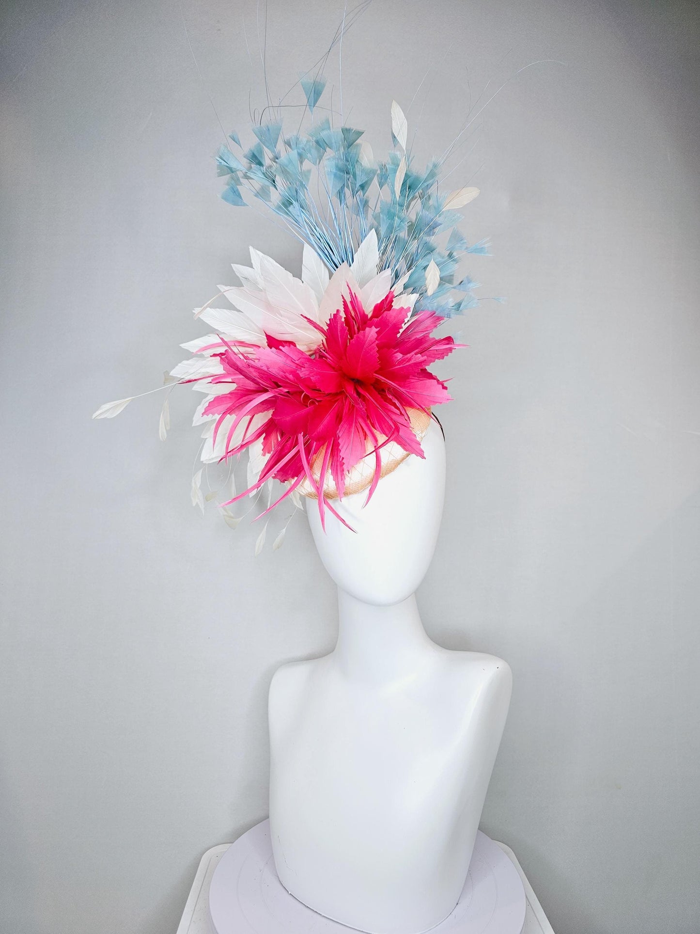 kentucky derby hat fascinator champagne satin with netting,bright pink and white ivory feather flower, light teal blue branching feathers