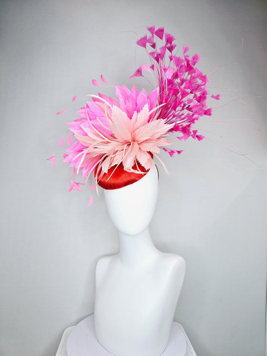 kentucky derby hat fascinator red satin with netting,light blush pink rose feather flower, pink branching feathers