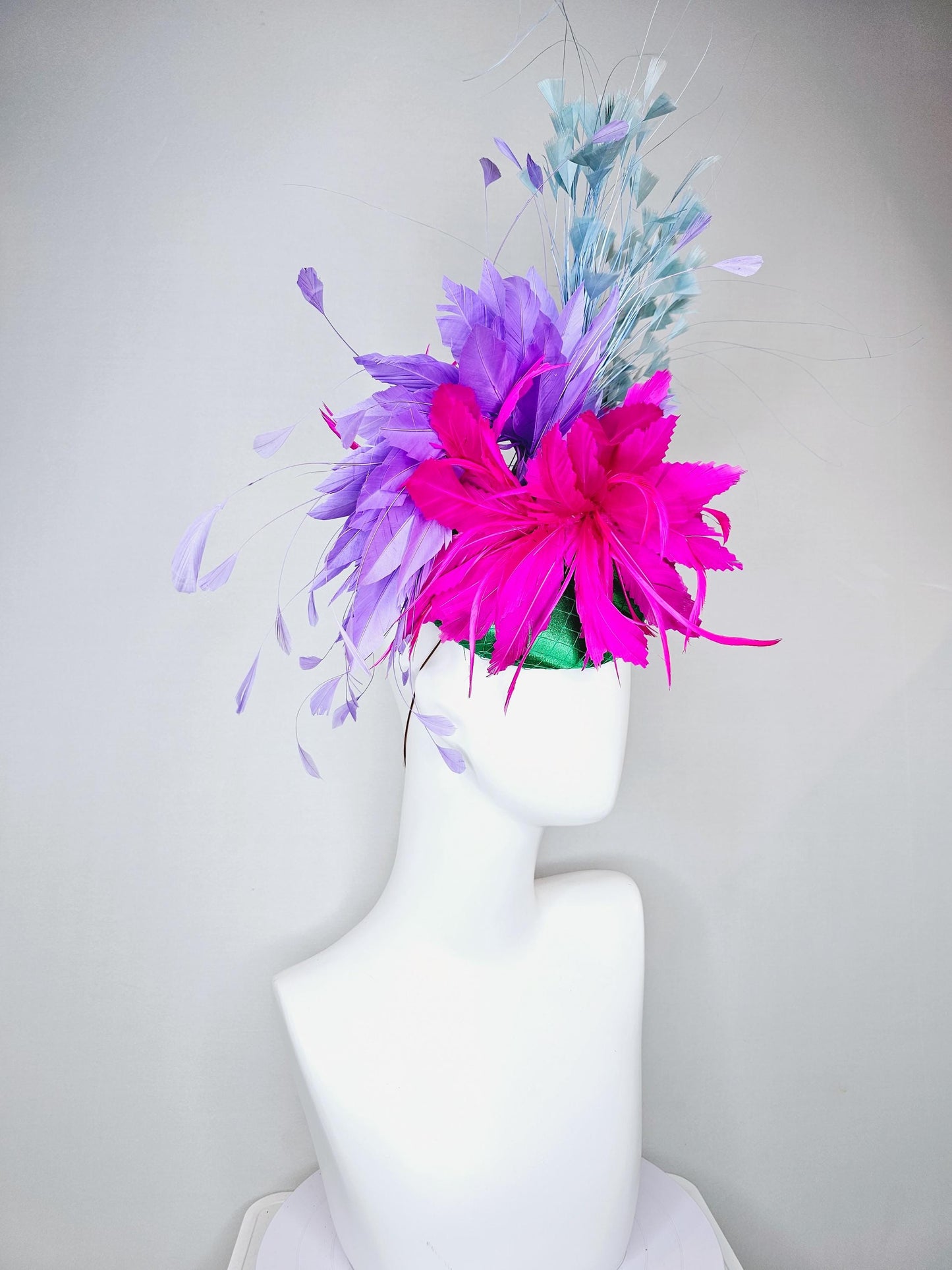 kentucky derby hat fascinator green satin with netting,fuchsia pink and purple lavender feather flower,light teal blue branching feathers