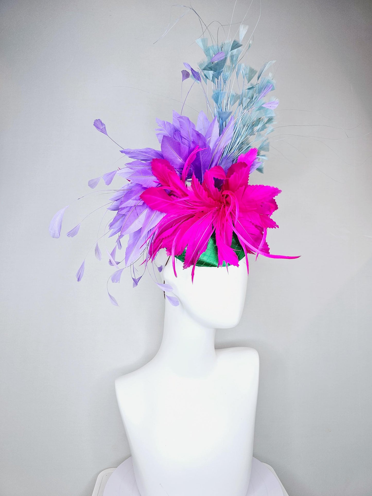 kentucky derby hat fascinator green satin with netting,fuchsia pink and purple lavender feather flower,light teal blue branching feathers