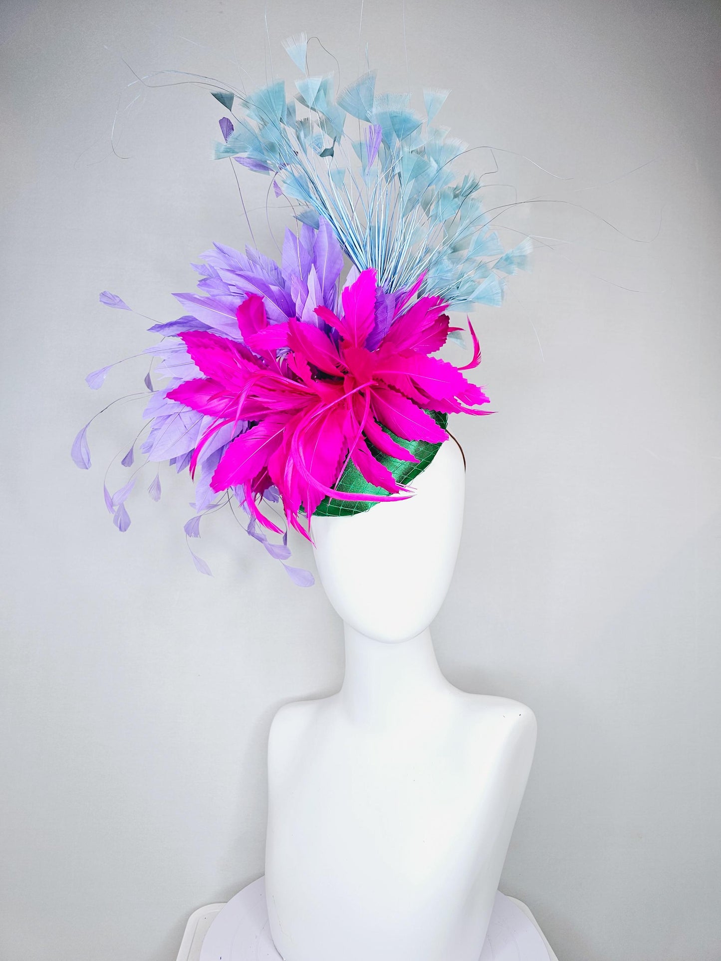 kentucky derby hat fascinator green satin with netting,fuchsia pink and purple lavender feather flower,light teal blue branching feathers