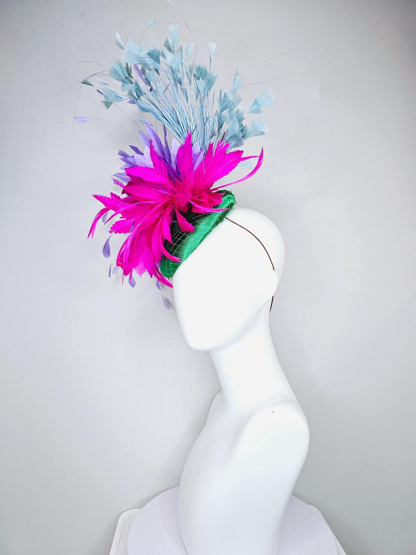 kentucky derby hat fascinator green satin with netting,fuchsia pink and purple lavender feather flower,light teal blue branching feathers