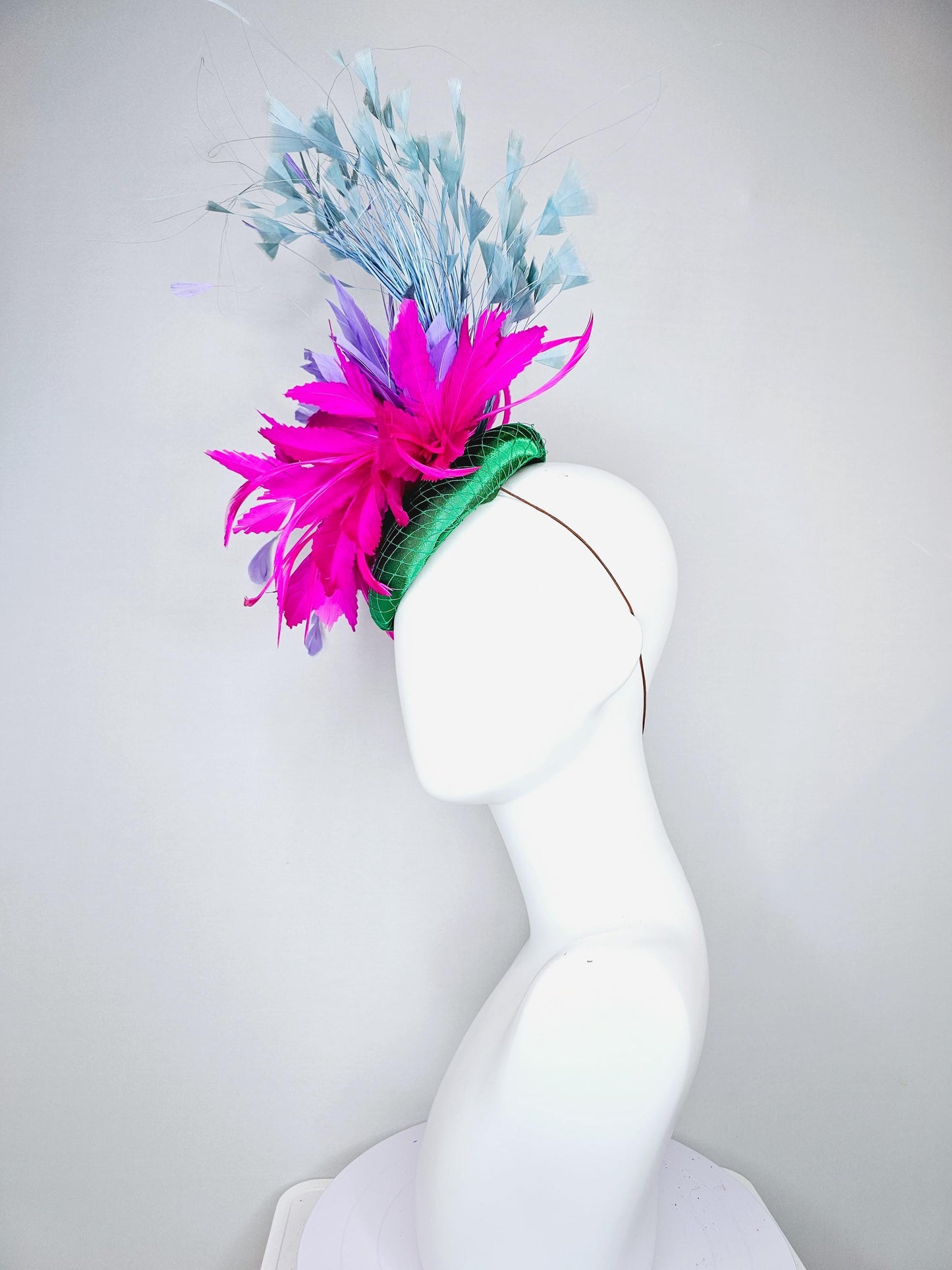 kentucky derby hat fascinator green satin with netting,fuchsia pink and purple lavender feather flower,light teal blue branching feathers