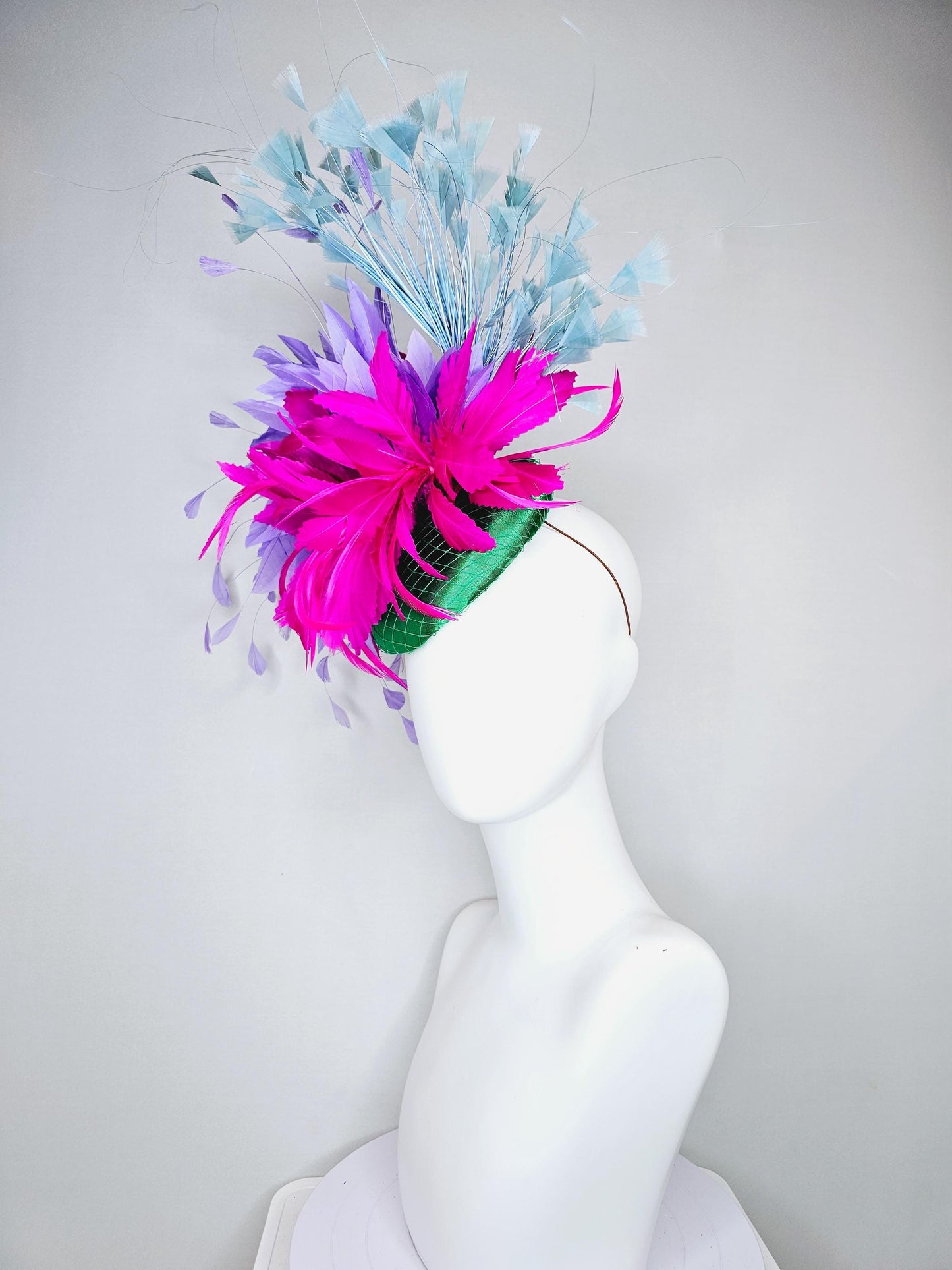 kentucky derby hat fascinator green satin with netting,fuchsia pink and purple lavender feather flower,light teal blue branching feathers