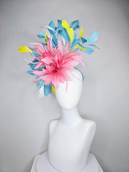 kentucky derby hat fascinator light blush pink rose feather flower, light turquoise aqua blue yellow white branching feathers, thin headband