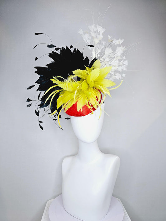 kentucky derby hat fascinator red satin with netting, yellow and black feather flower, white ivory branching feathers