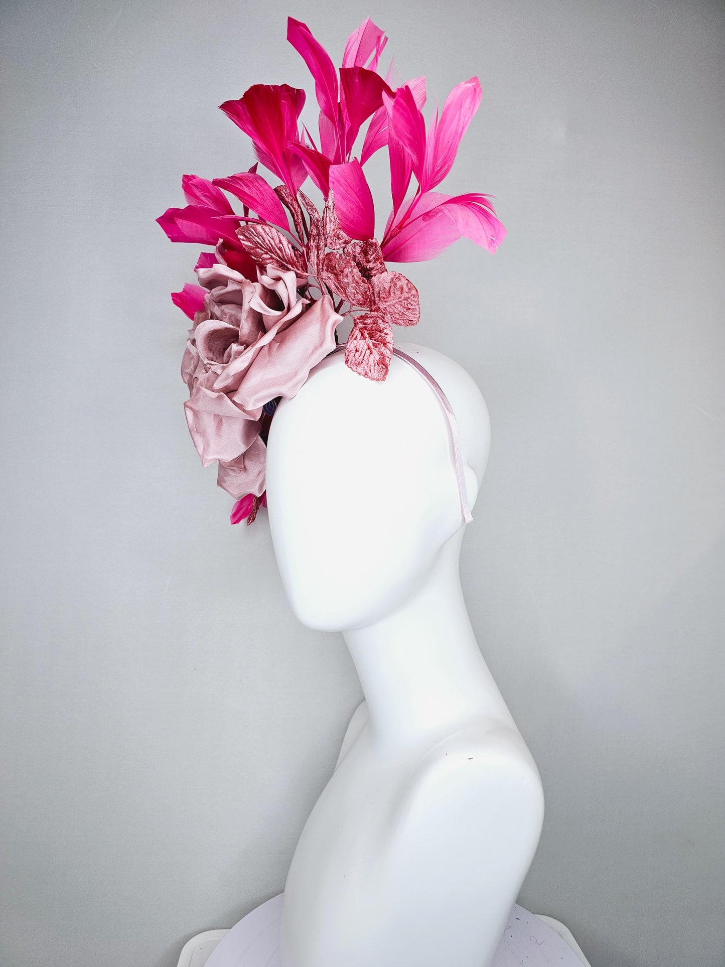 kentucky derby hat fascinator light dusty pink rose satin silk flower, blush pink satin leaves, hot pink branching feathers, thin headband