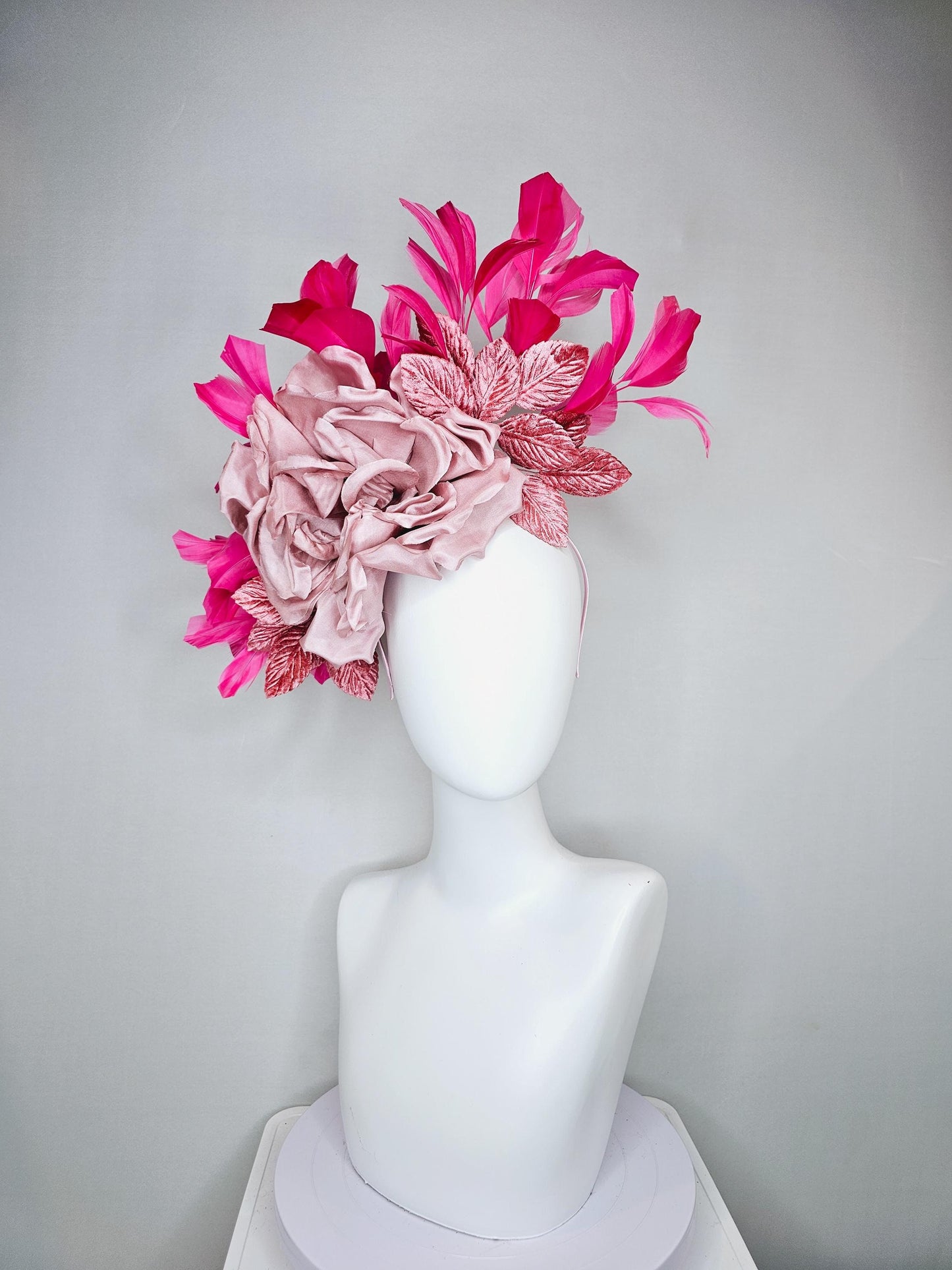 kentucky derby hat fascinator light dusty pink rose satin silk flower, blush pink satin leaves, hot pink branching feathers, thin headband