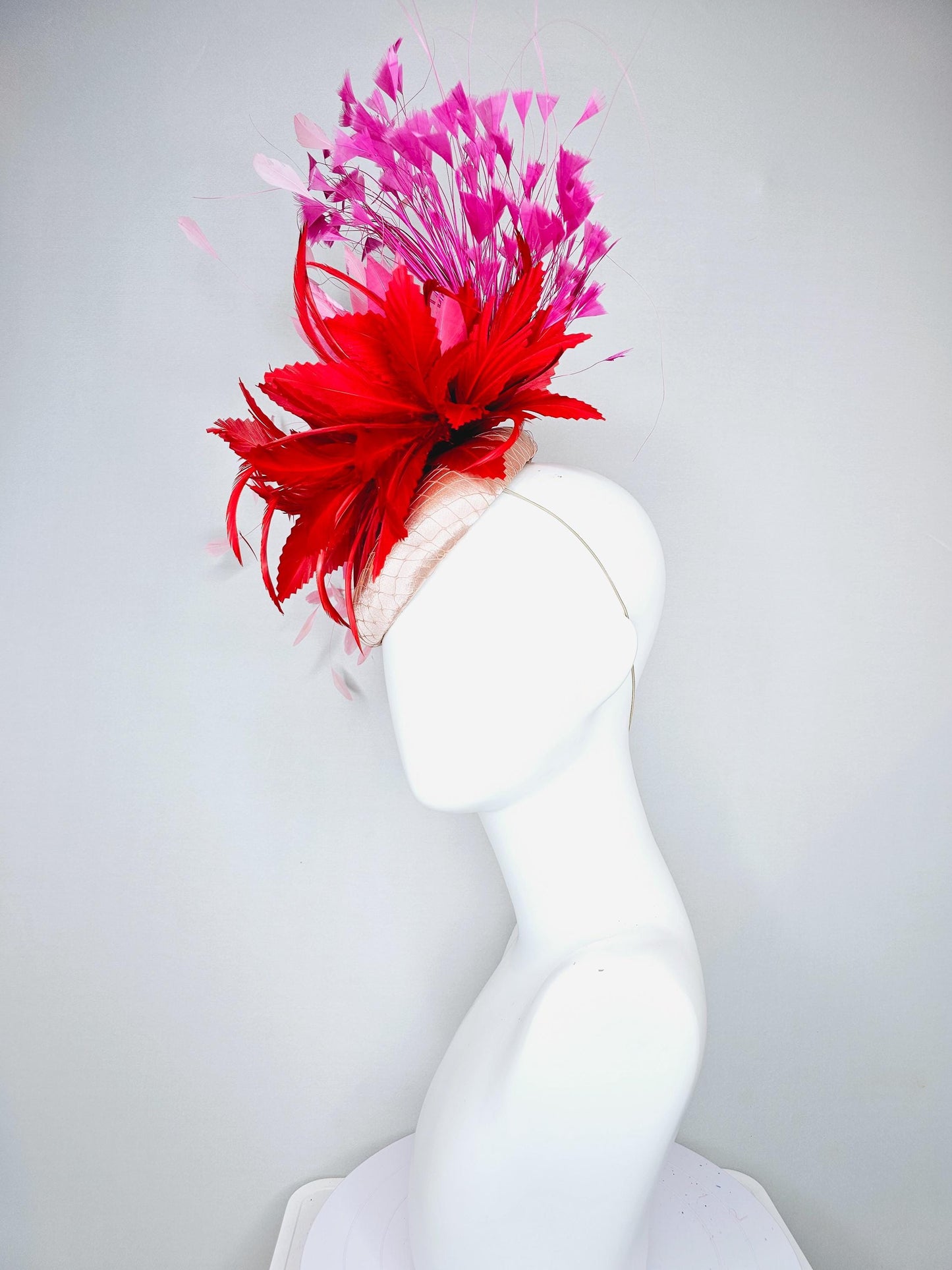 kentucky derby hat fascinator champagne satin with netting, red and light blush pink rose feather flower, pink branching feathers