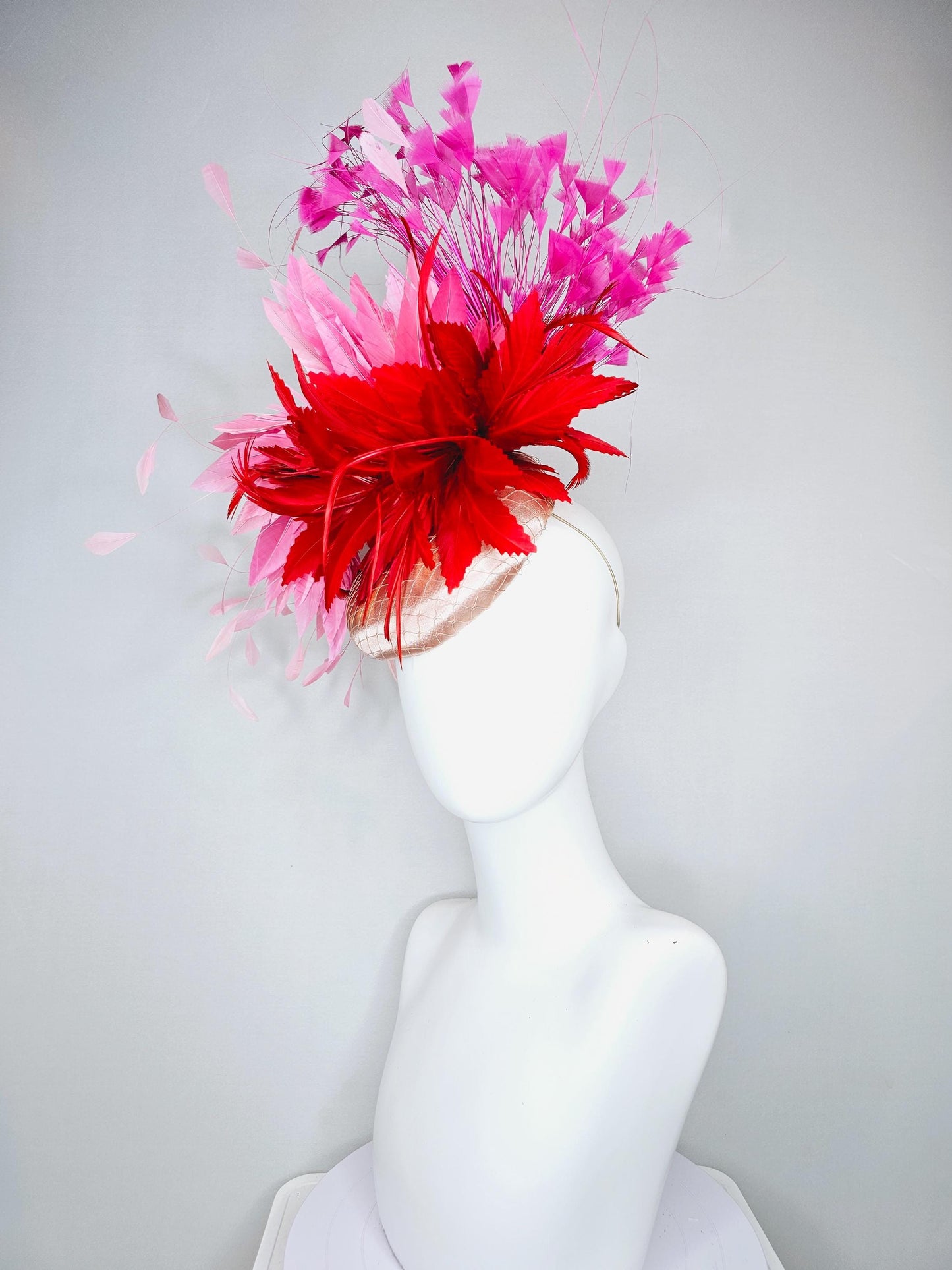 kentucky derby hat fascinator champagne satin with netting, red and light blush pink rose feather flower, pink branching feathers