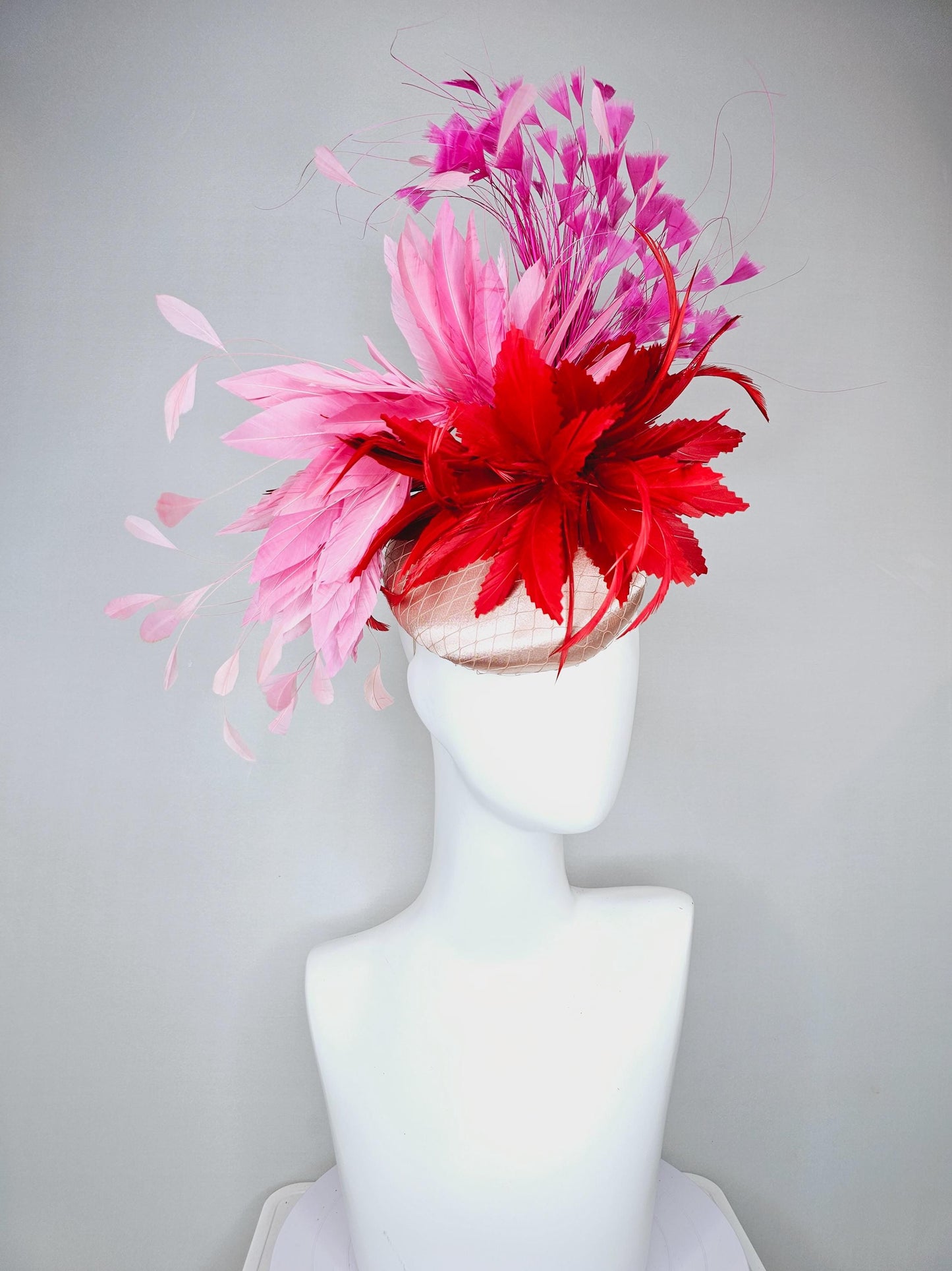 kentucky derby hat fascinator champagne satin with netting, red and light blush pink rose feather flower, pink branching feathers