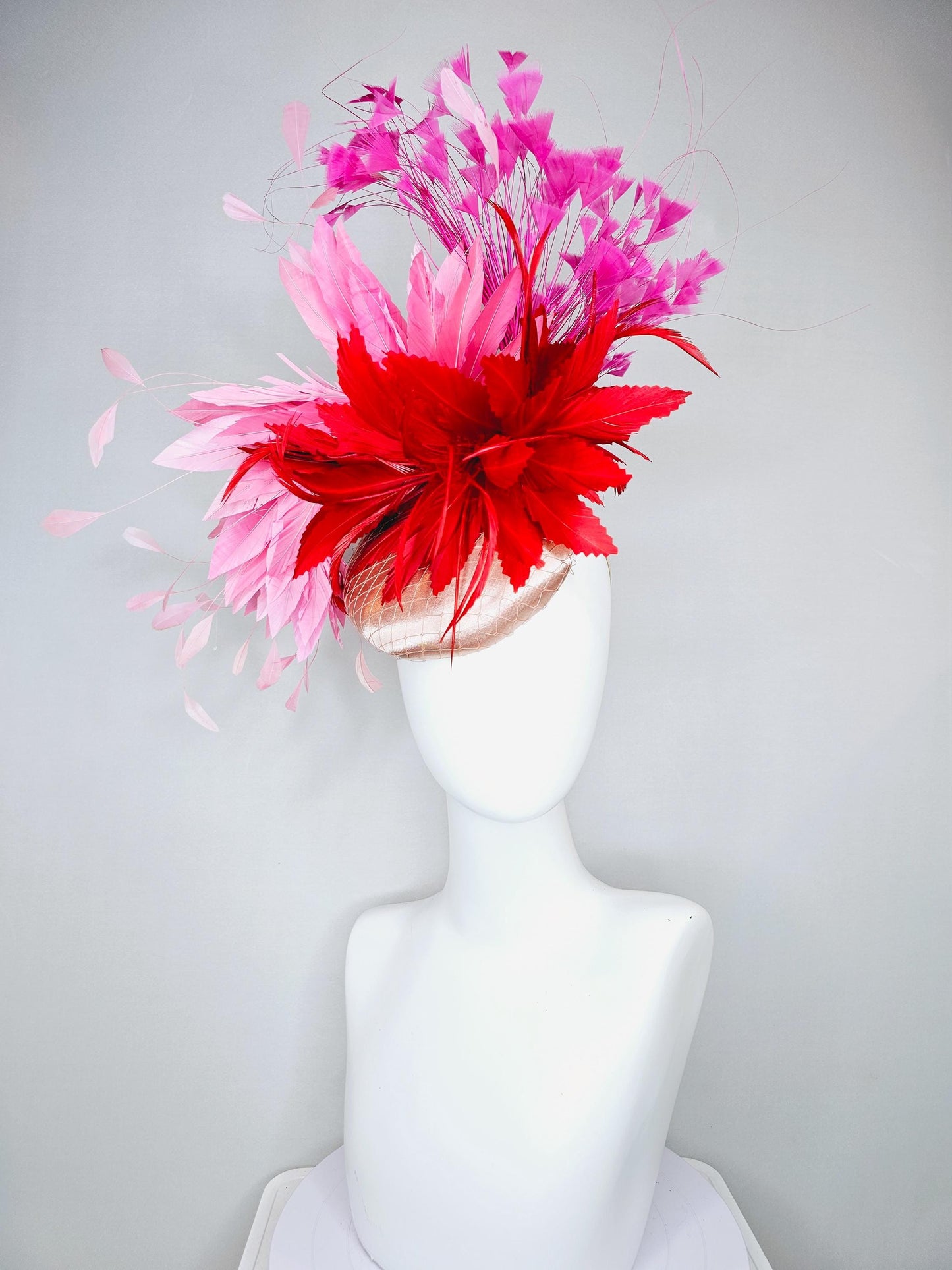 kentucky derby hat fascinator champagne satin with netting, red and light blush pink rose feather flower, pink branching feathers