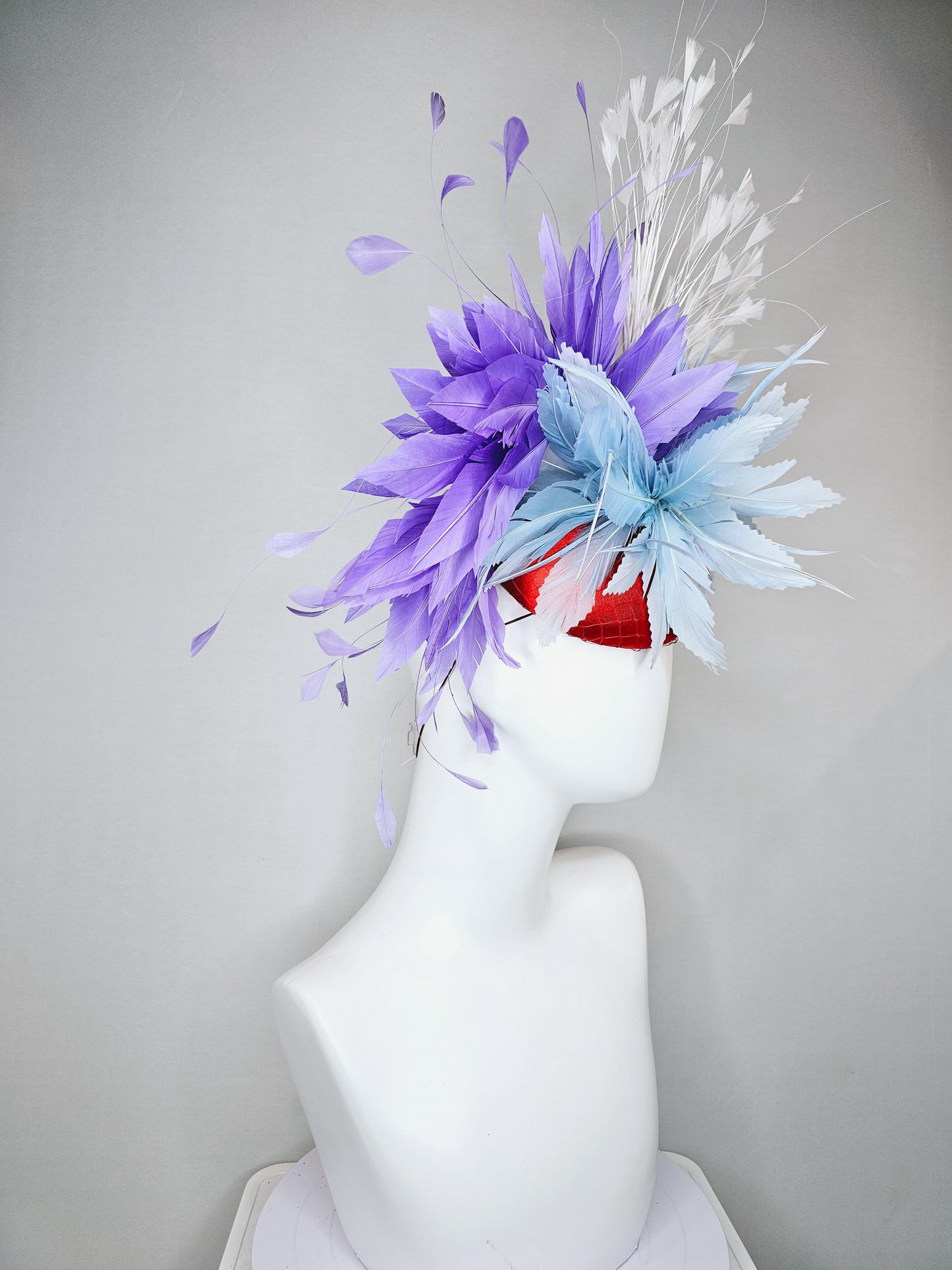 kentucky derby hat fascinator red satin with netting, light teal baby blue and purple lavender feather flower, white branching feathers