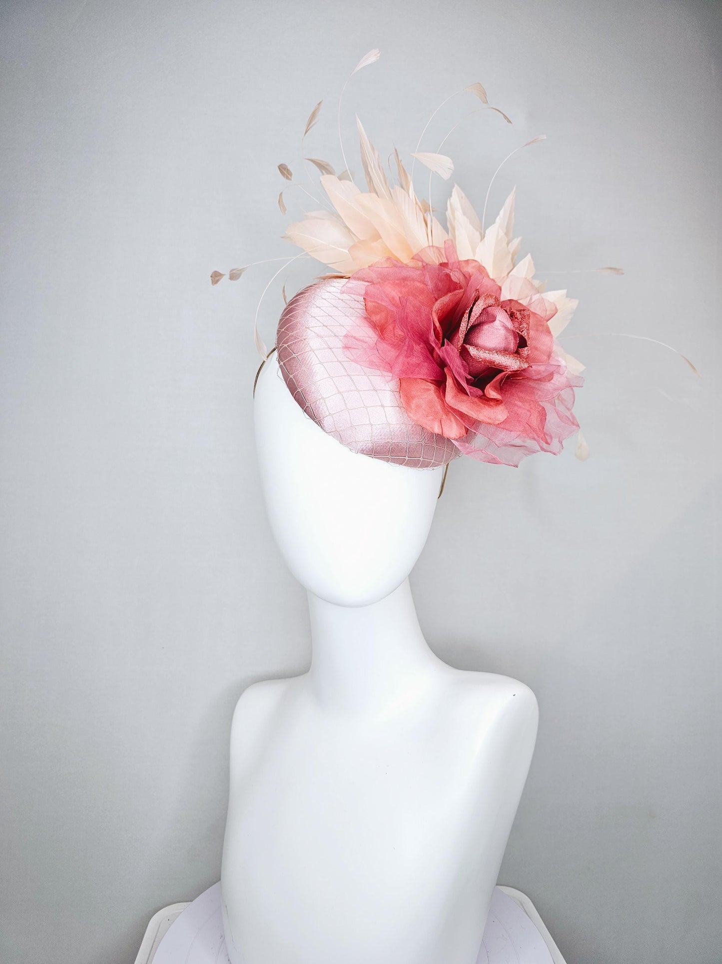 kentucky derby hat fascinator dusty rose satin with netting, large rose gold pink peach organza satin rose flower, ivory branching feathers