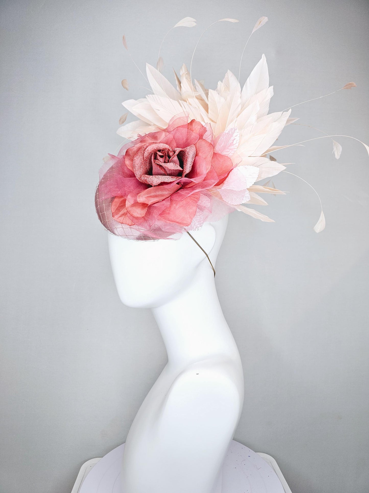 kentucky derby hat fascinator dusty rose satin with netting, large rose gold pink peach organza satin rose flower, ivory branching feathers