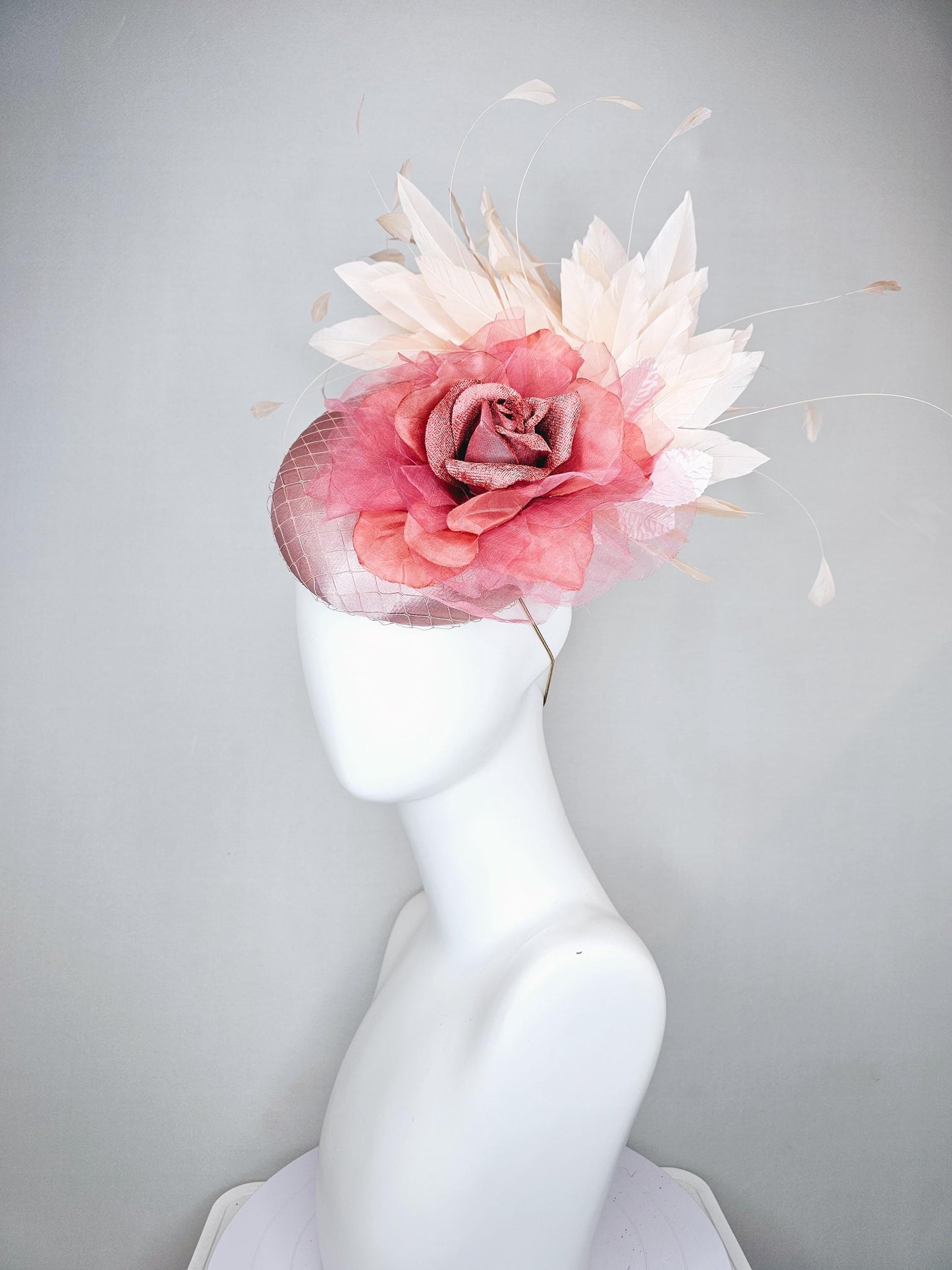 kentucky derby hat fascinator dusty rose satin with netting, large rose gold pink peach organza satin rose flower, ivory branching feathers