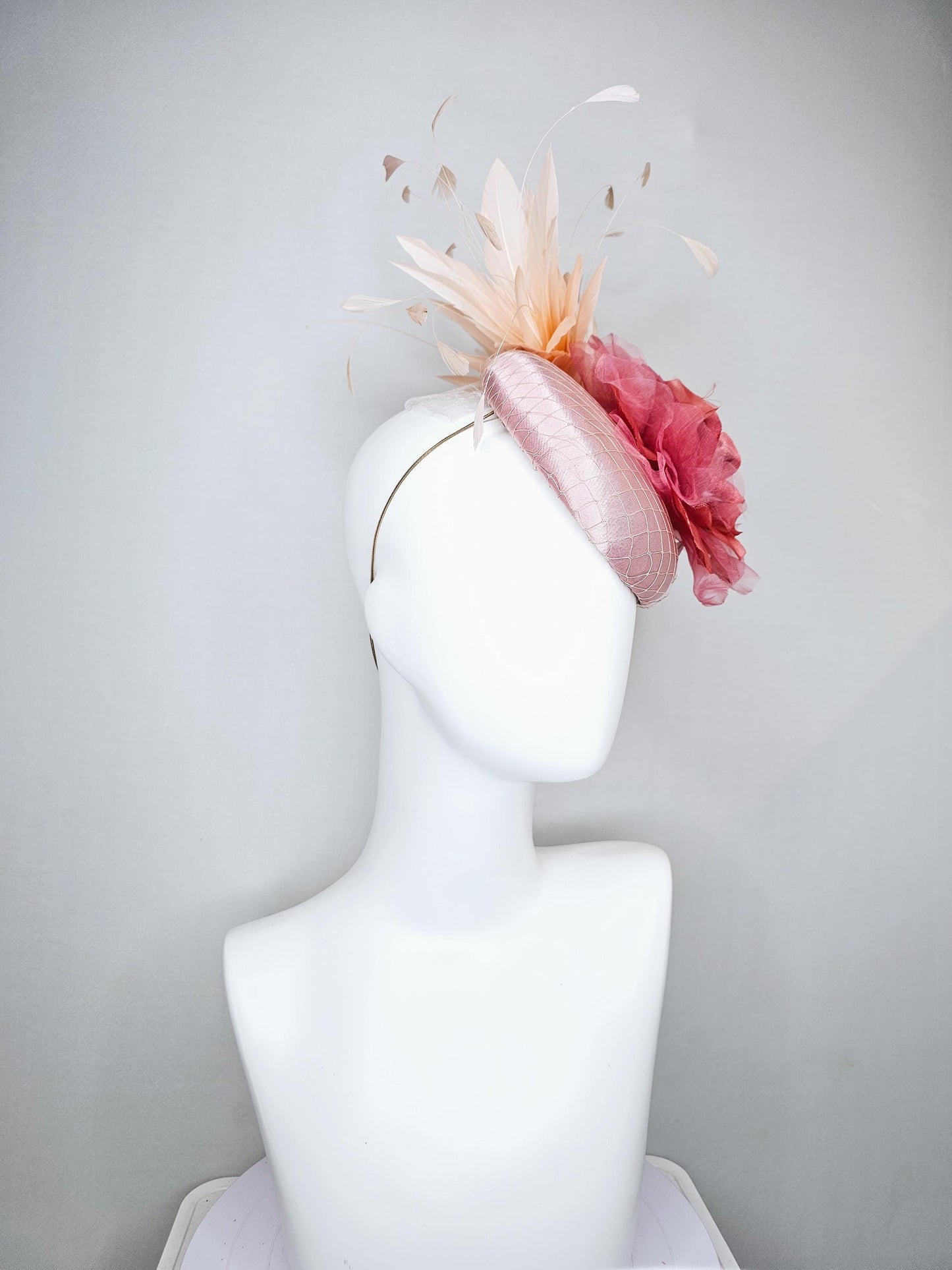 kentucky derby hat fascinator dusty rose satin with netting, large rose gold pink peach organza satin rose flower, ivory branching feathers