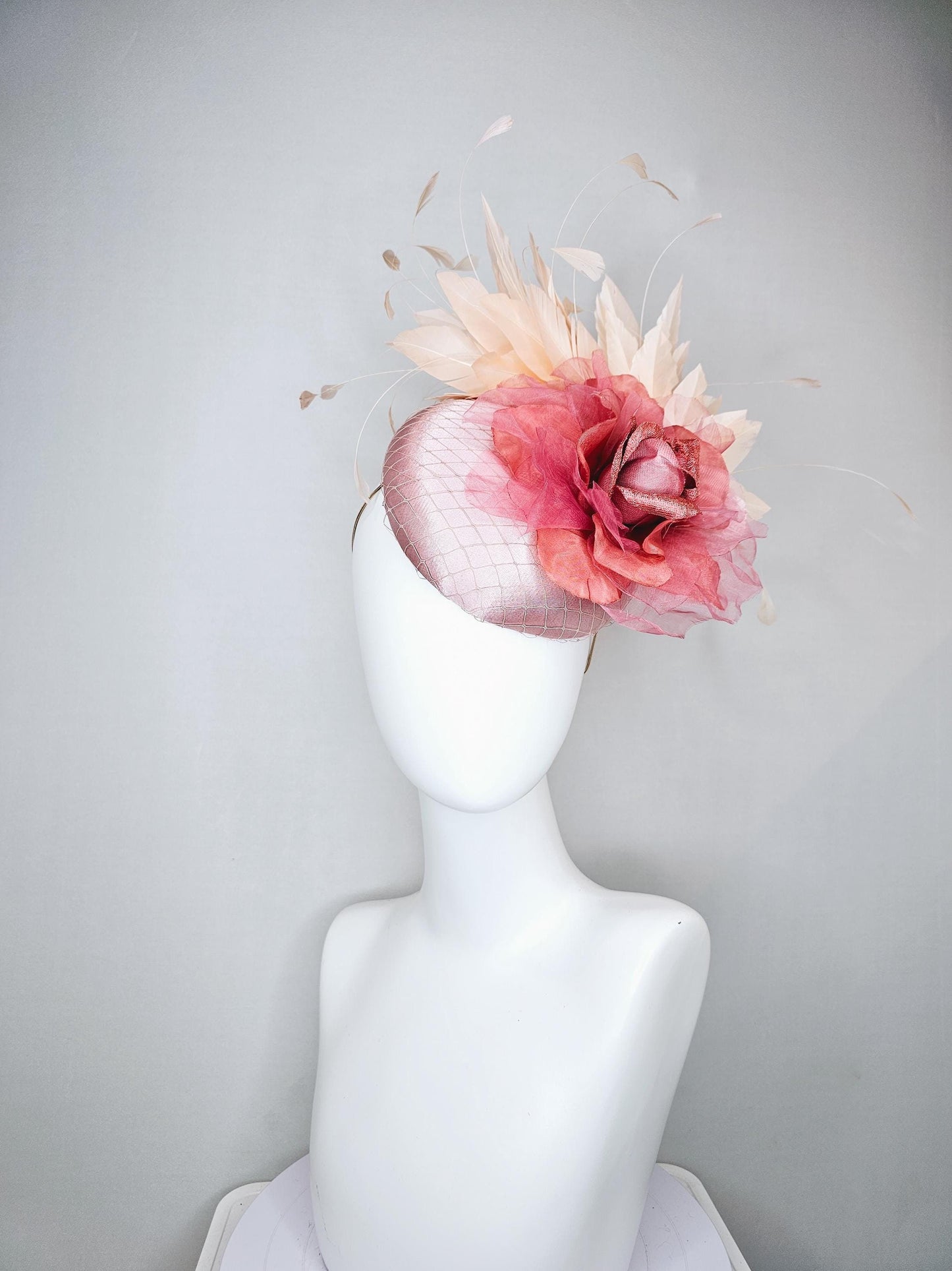 kentucky derby hat fascinator dusty rose satin with netting, large rose gold pink peach organza satin rose flower, ivory branching feathers