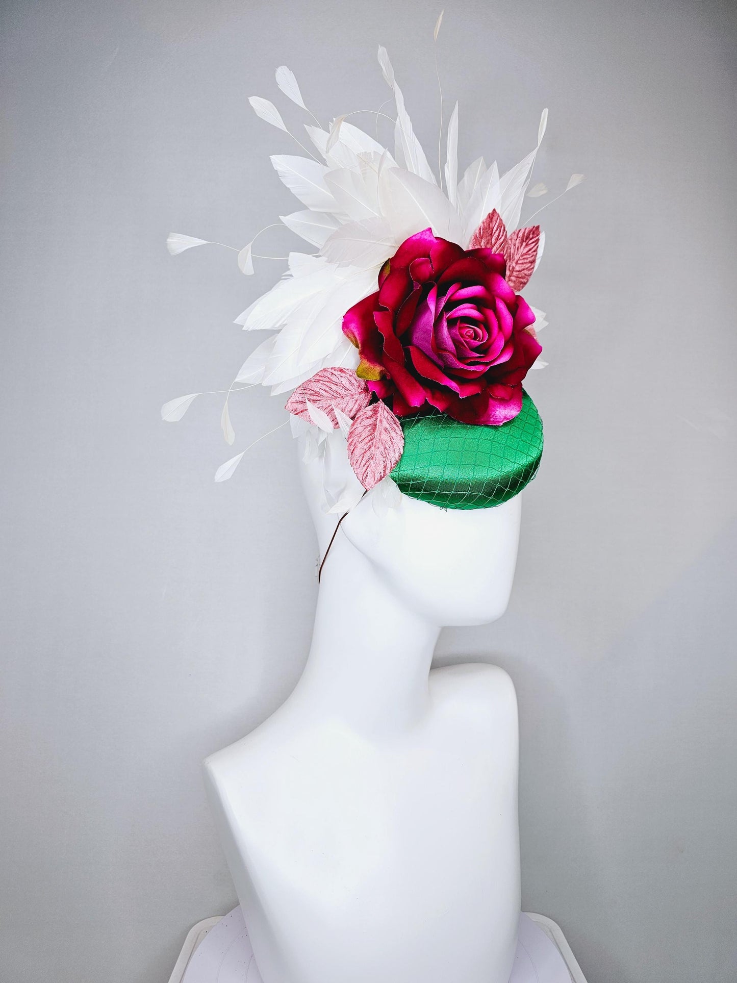 kentucky derby hat fascinator green satin with netting,magenta wine pink satin rose flower,blush pink satin leaves,white branching feathers