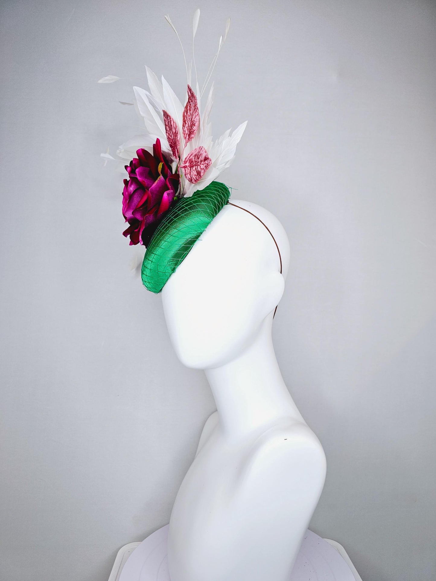 kentucky derby hat fascinator green satin with netting,magenta wine pink satin rose flower,blush pink satin leaves,white branching feathers