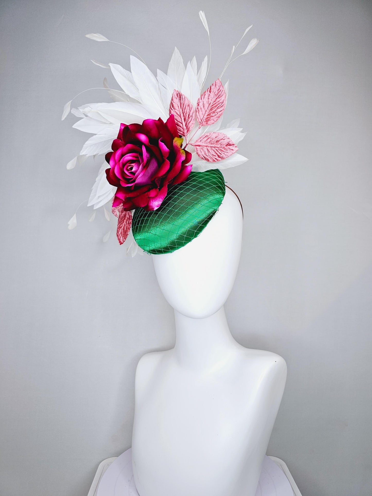 kentucky derby hat fascinator green satin with netting,magenta wine pink satin rose flower,blush pink satin leaves,white branching feathers