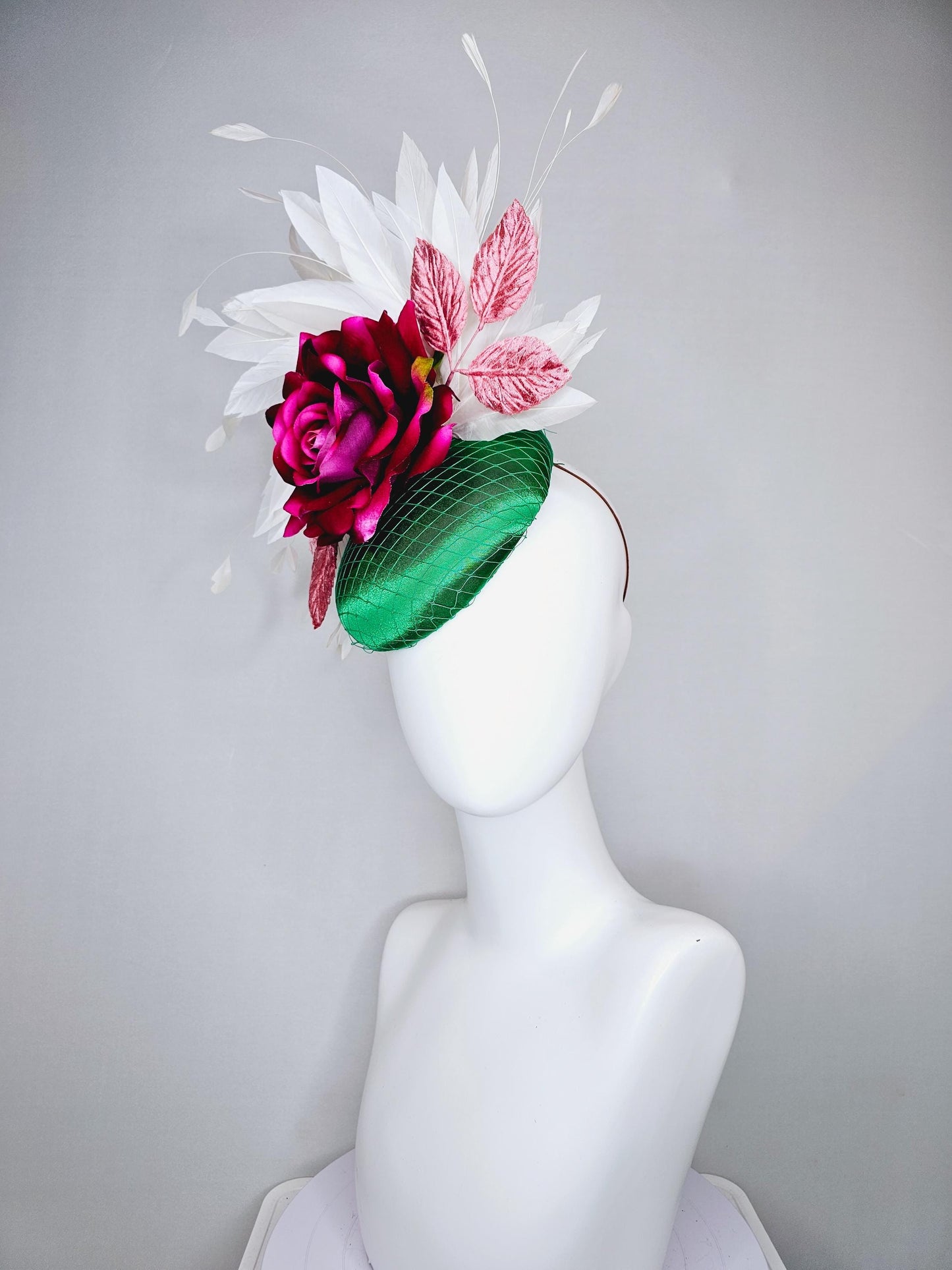 kentucky derby hat fascinator green satin with netting,magenta wine pink satin rose flower,blush pink satin leaves,white branching feathers