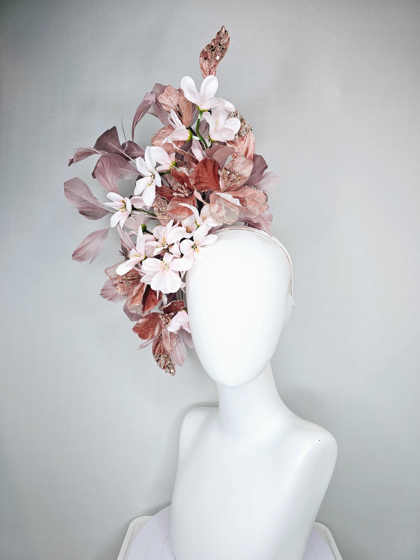 kentucky derby hat fascinator rose gold mesh flowers with light pink satin silk flowers, rose taupe pink branching feathers, thin headband