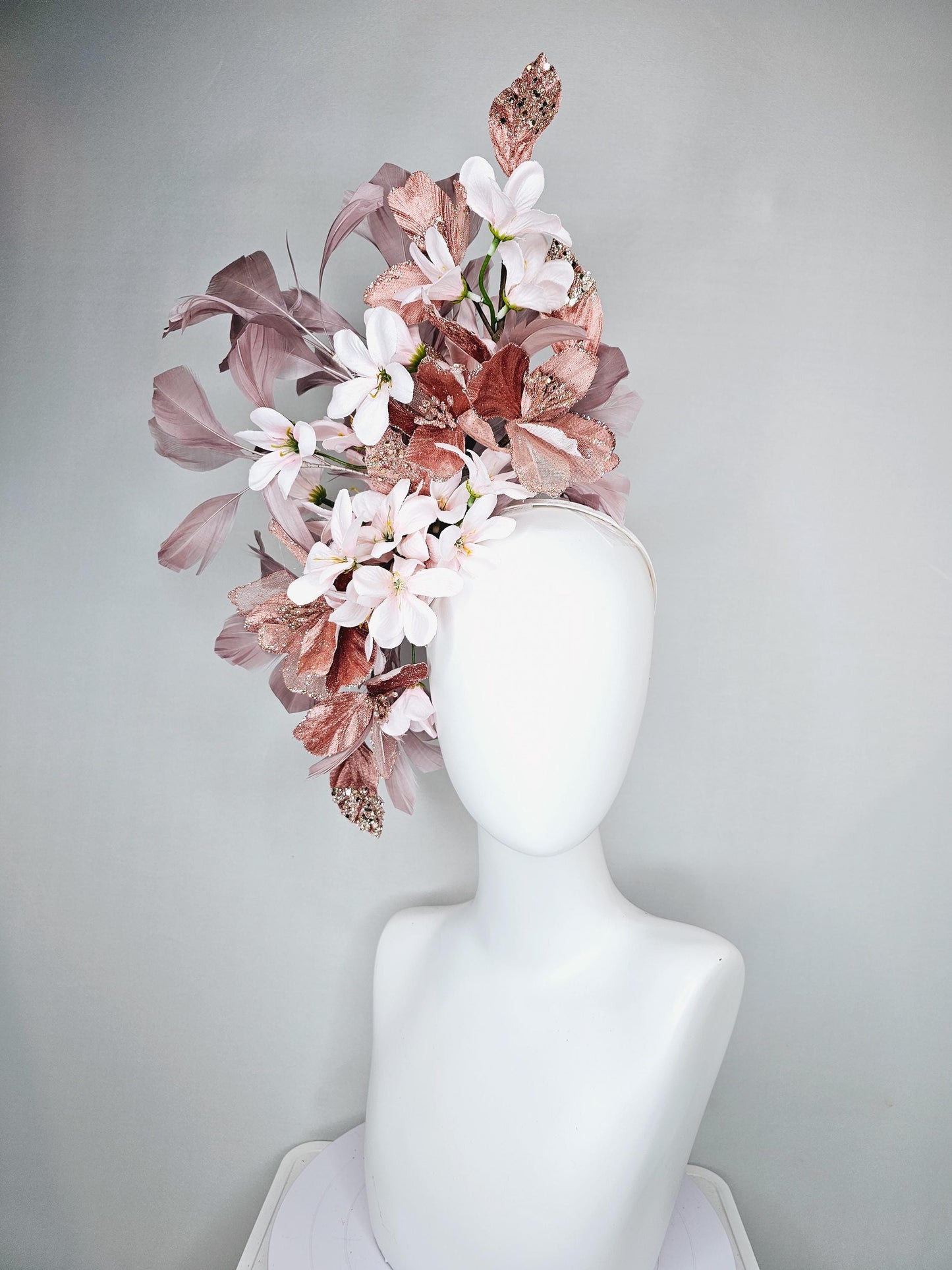 kentucky derby hat fascinator rose gold mesh flowers with light pink satin silk flowers, rose taupe pink branching feathers, thin headband