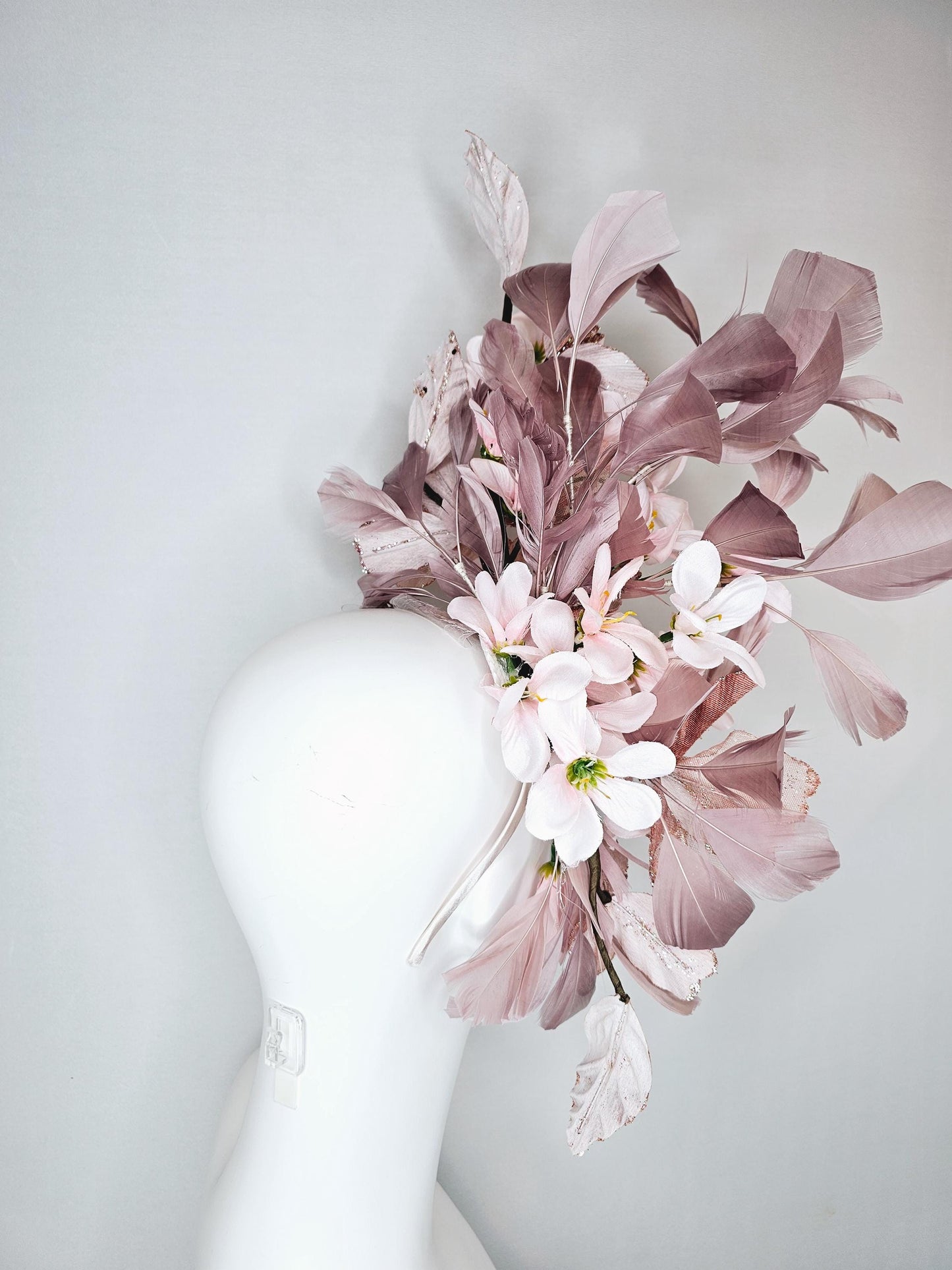 kentucky derby hat fascinator rose gold mesh flowers with light pink satin silk flowers, rose taupe pink branching feathers, thin headband