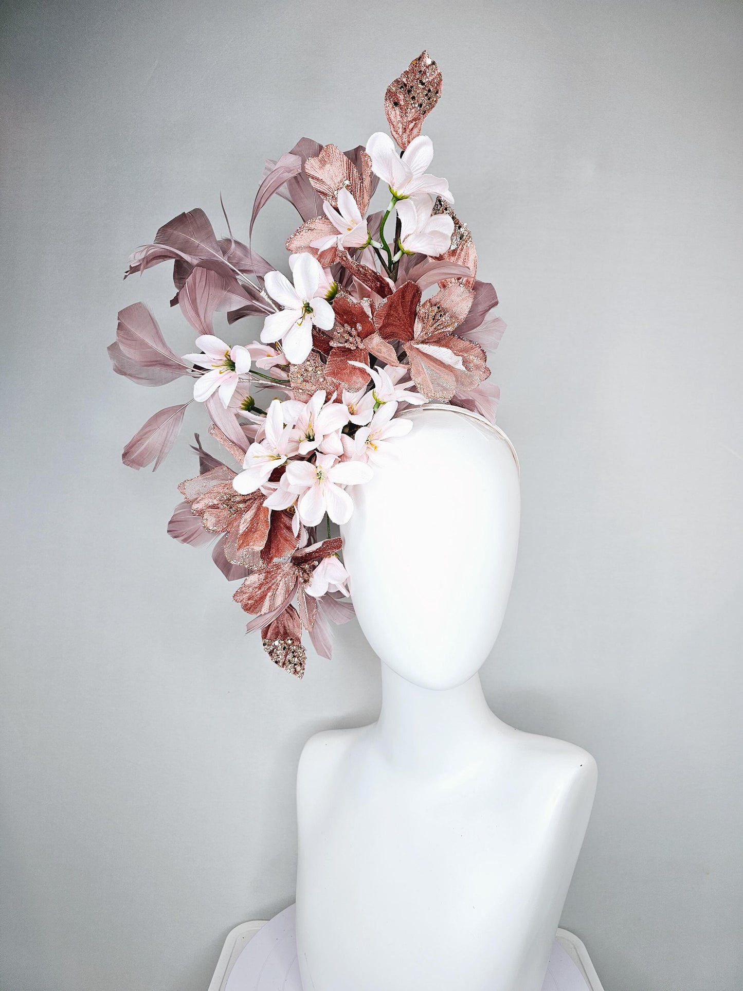 kentucky derby hat fascinator rose gold mesh flowers with light pink satin silk flowers, rose taupe pink branching feathers, thin headband