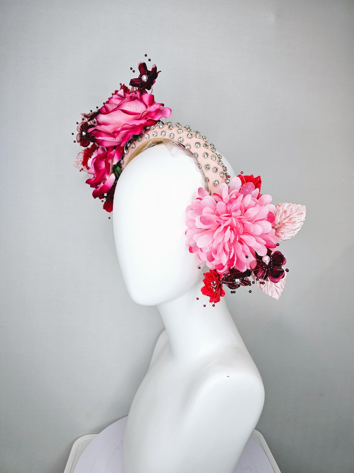 kentucky derby hat fascinator pink red wine burgundy flowers with light pink leaves on light pink beaded crystal rhinestone headband