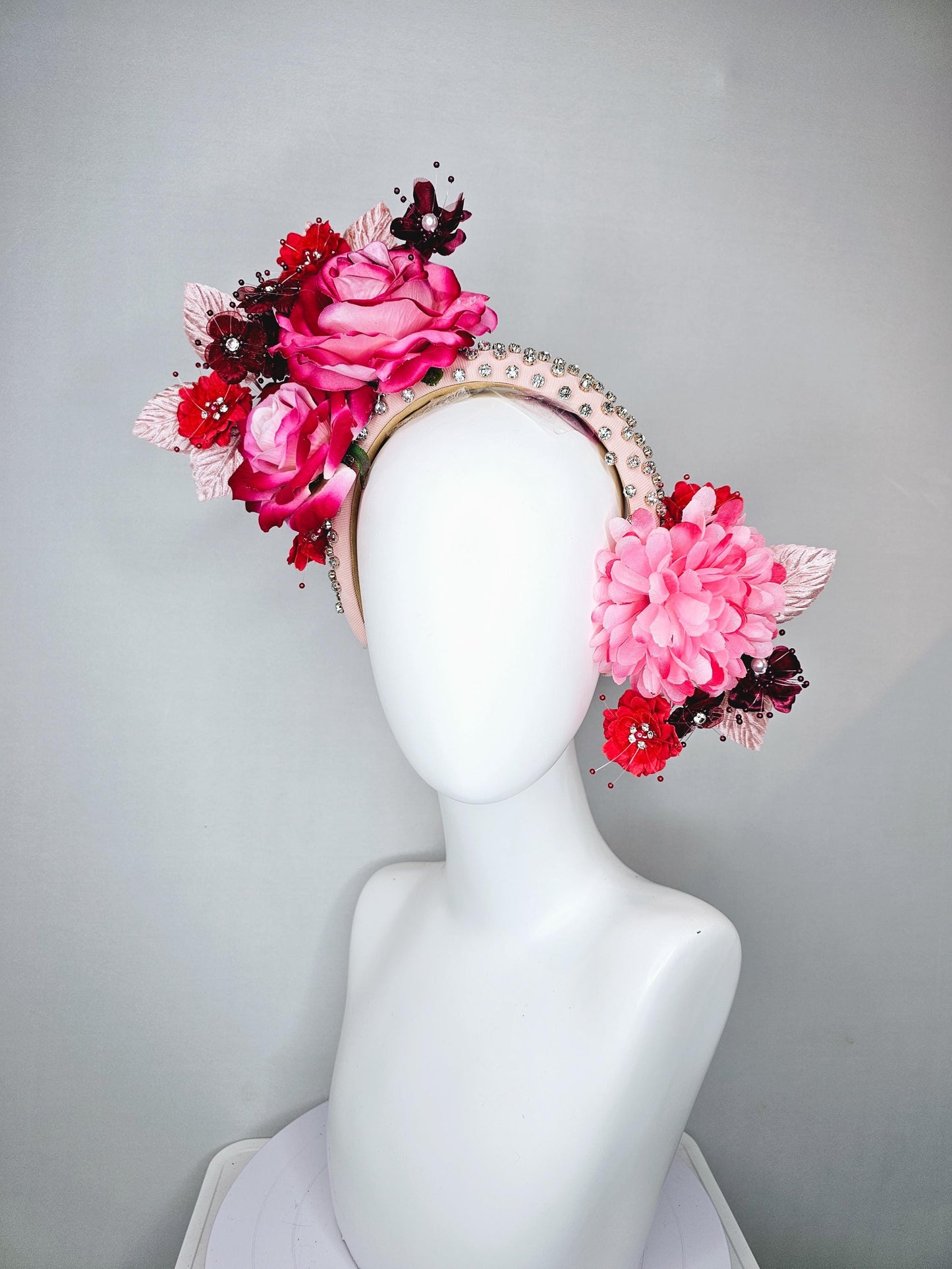 kentucky derby hat fascinator pink red wine burgundy flowers with light pink leaves on light pink beaded crystal rhinestone headband