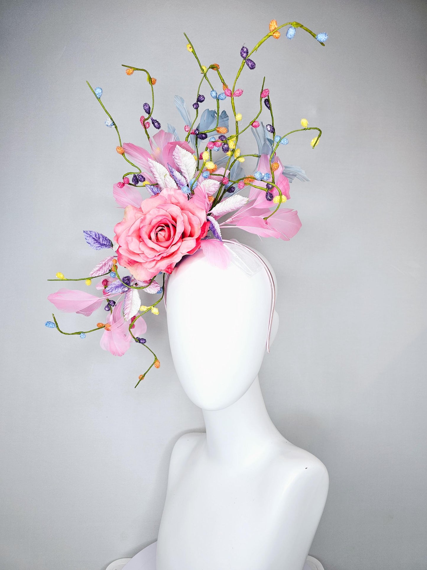 kentucky derby hat fascinator pink satin silk rose flower with leaves,light blue and light pink feathers,colorful rainbow stems