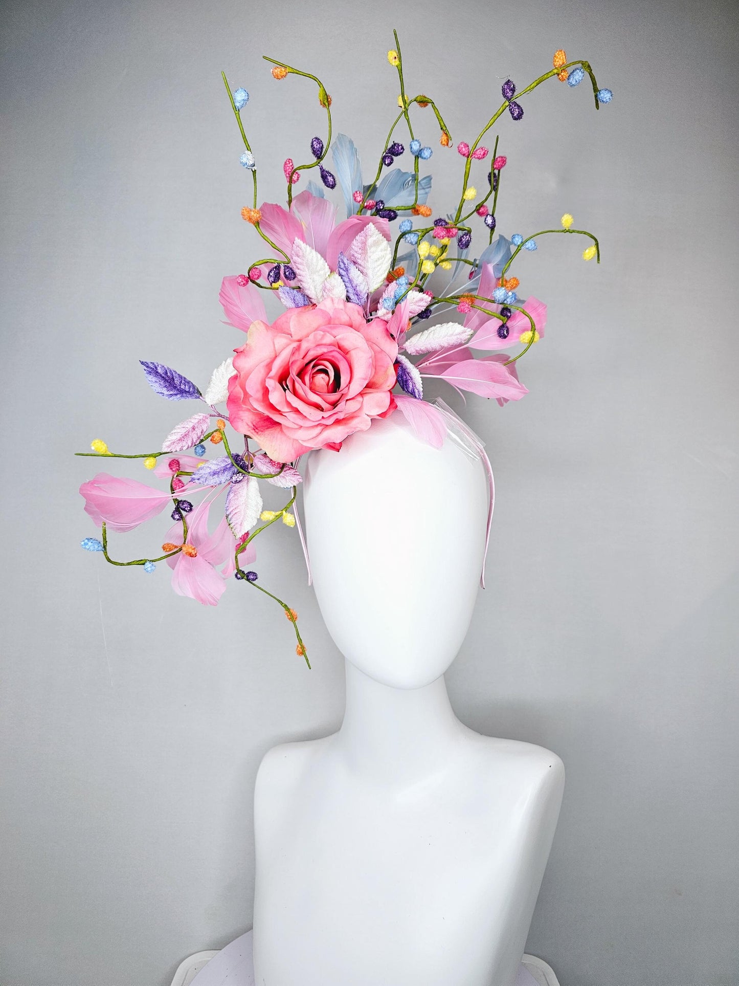 kentucky derby hat fascinator pink satin silk rose flower with leaves,light blue and light pink feathers,colorful rainbow stems